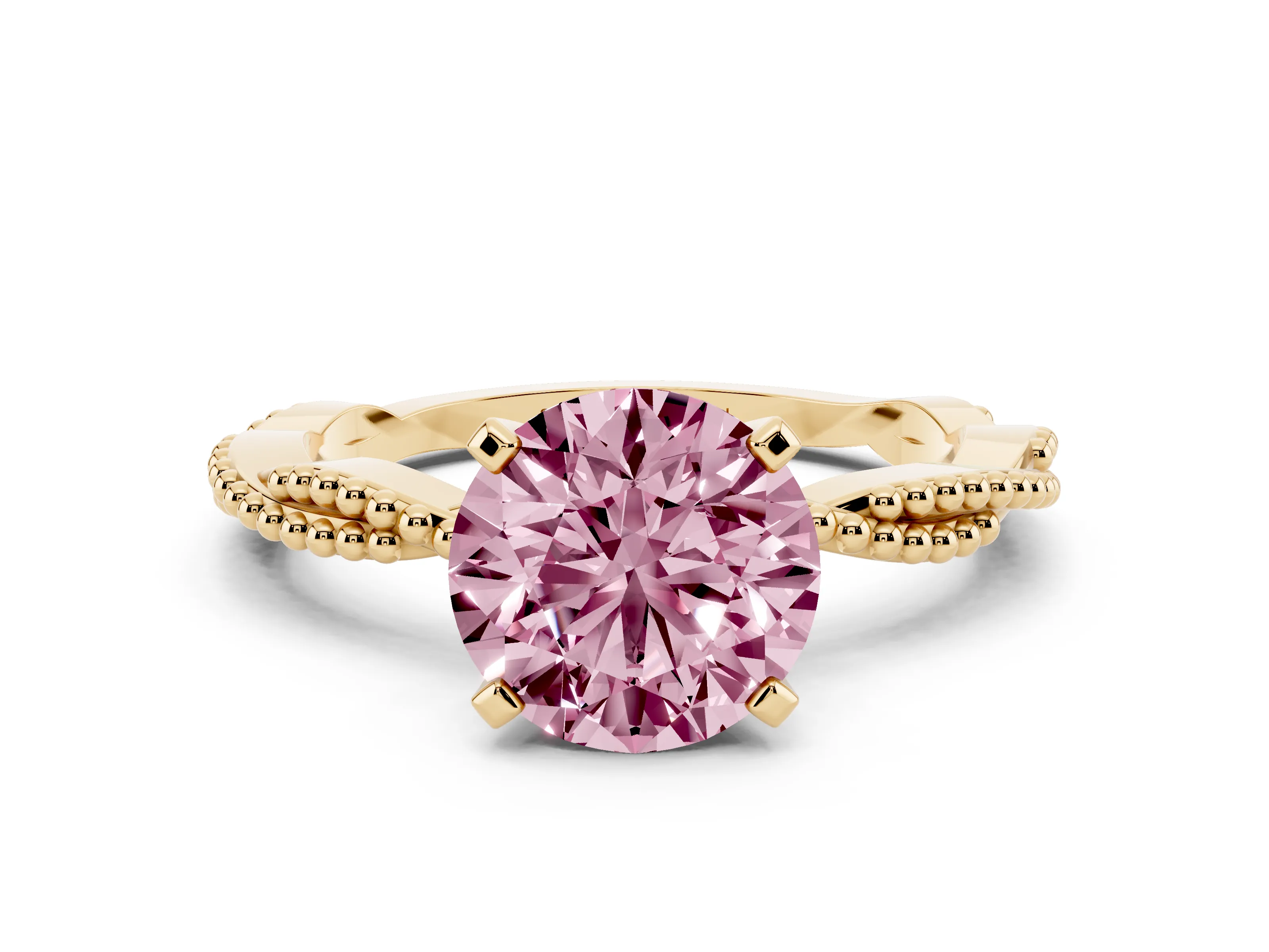 Fancy Pink Round Cut Diamond Solitaire Ring Set in Yellow gold with Twisted Band and Bead Prong Setting