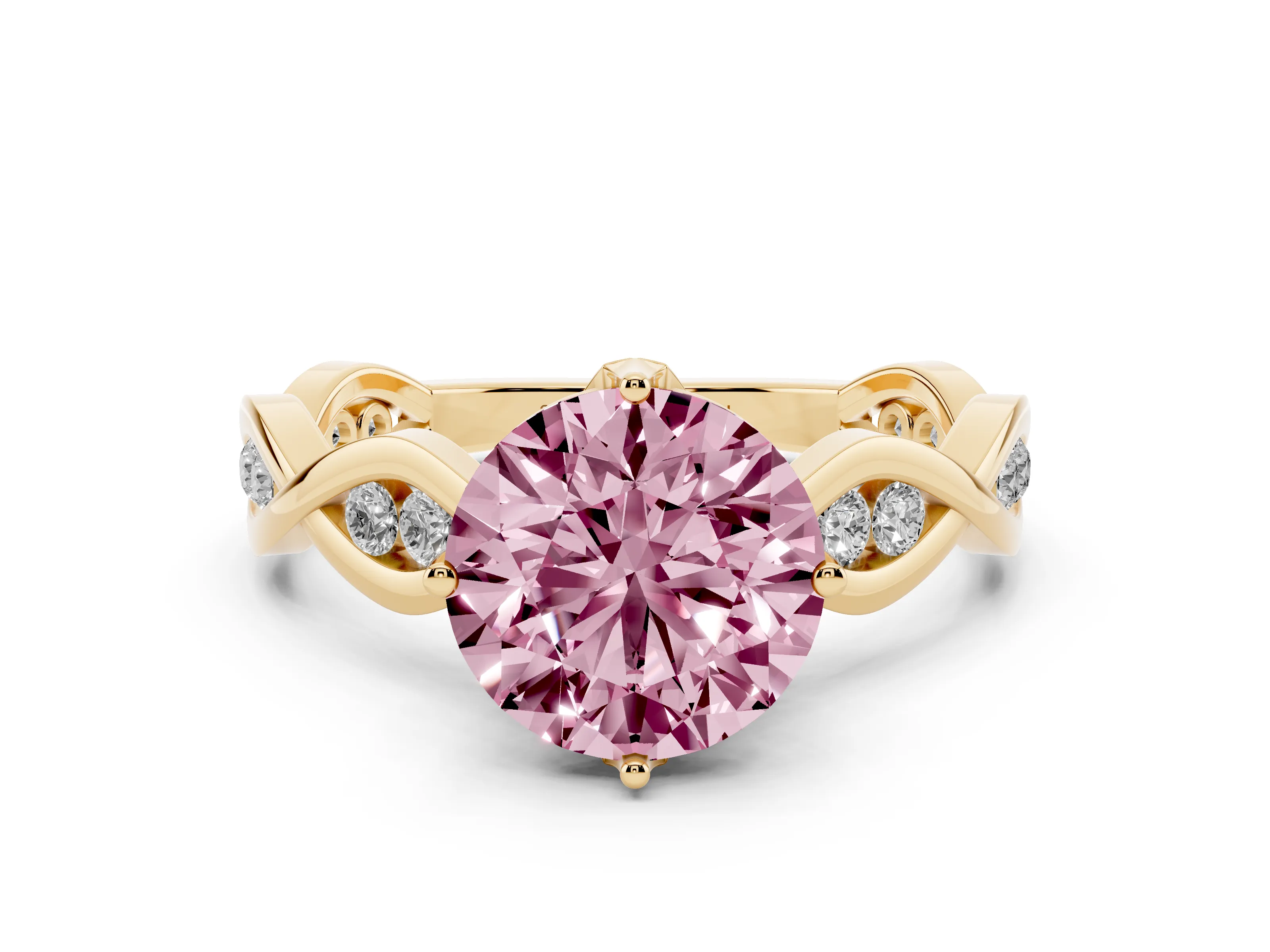 Fancy Pink Round Cut Diamond Twist Band Solitaire Ring Set in Yellow gold with Leaf Prong Setting and Accent Stones