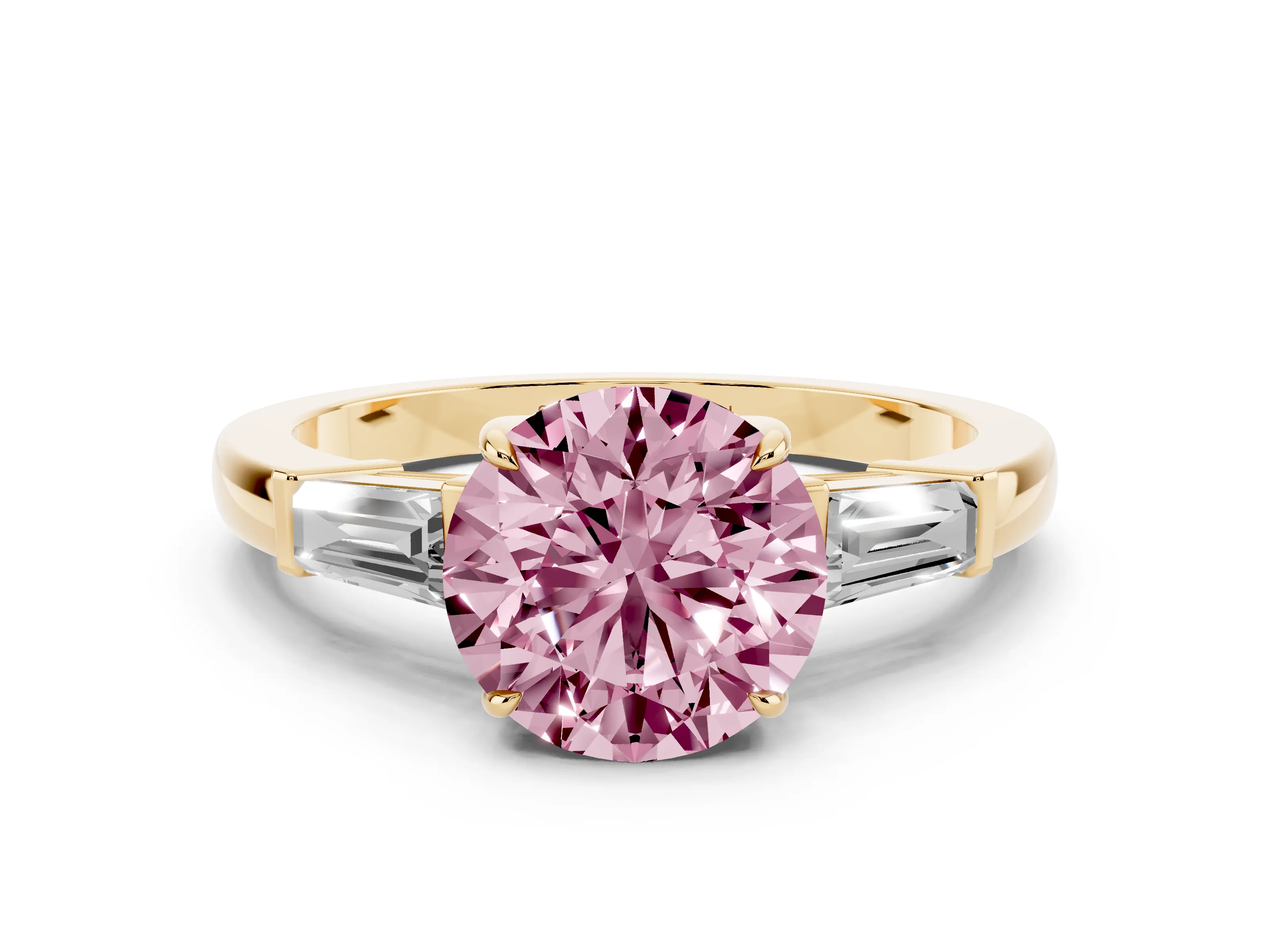 Fancy Pink Round Cut Diamond Three-Stone Ring Set in Yellow gold with Tapered Baguette Side Stones and Prong Setting
