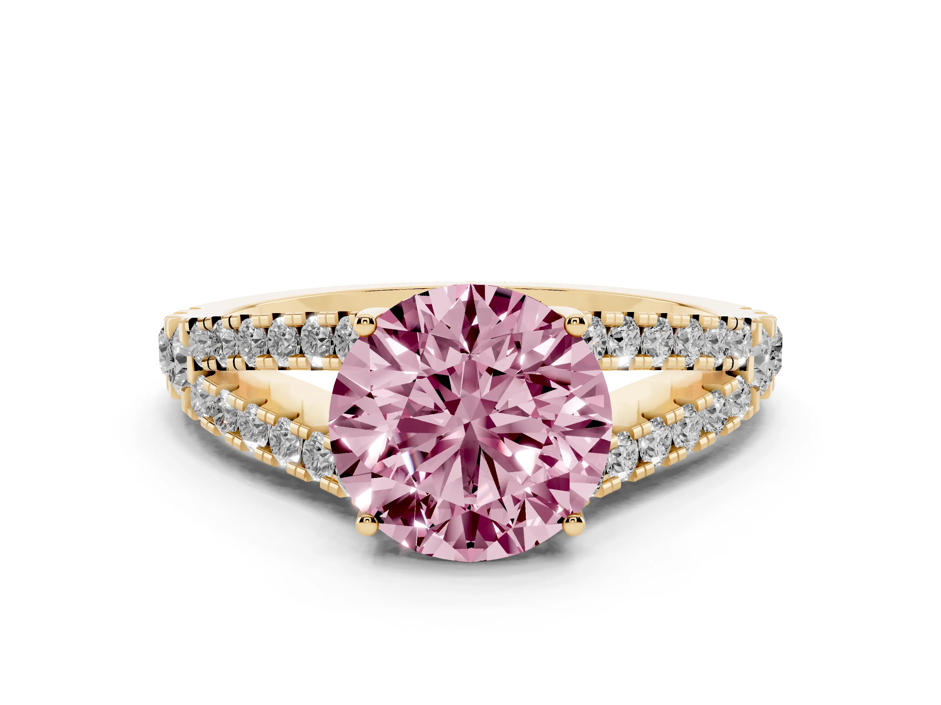 Fancy Pink Round Cut Diamond Split Shank Pavé Engagement Ring Set in Yellow gold with Prong-Held Center Stone