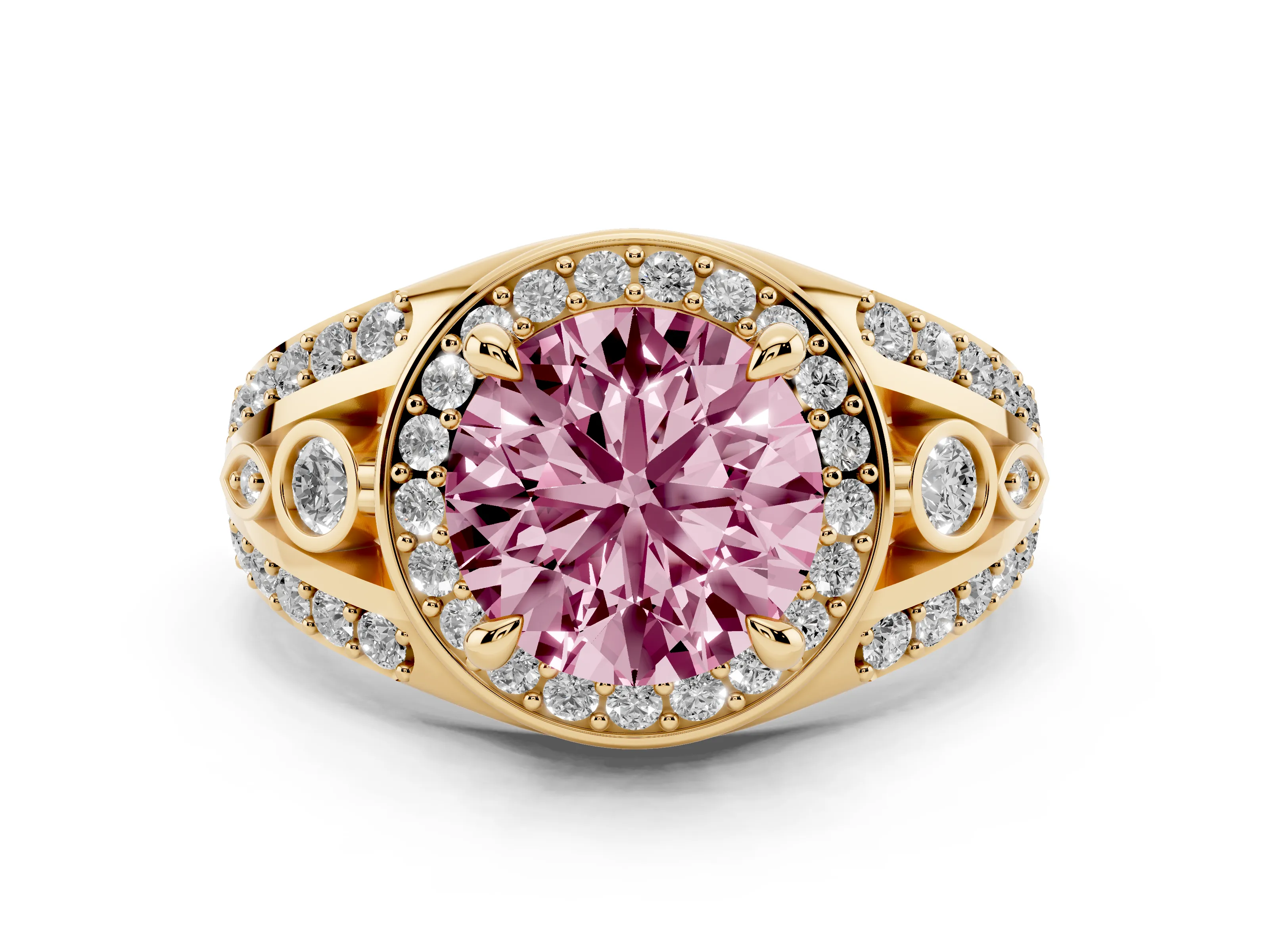 Fancy Pink Round Cut Diamond Halo Ring Set in Yellow gold with Pavé Split Shank and Bezel Accents