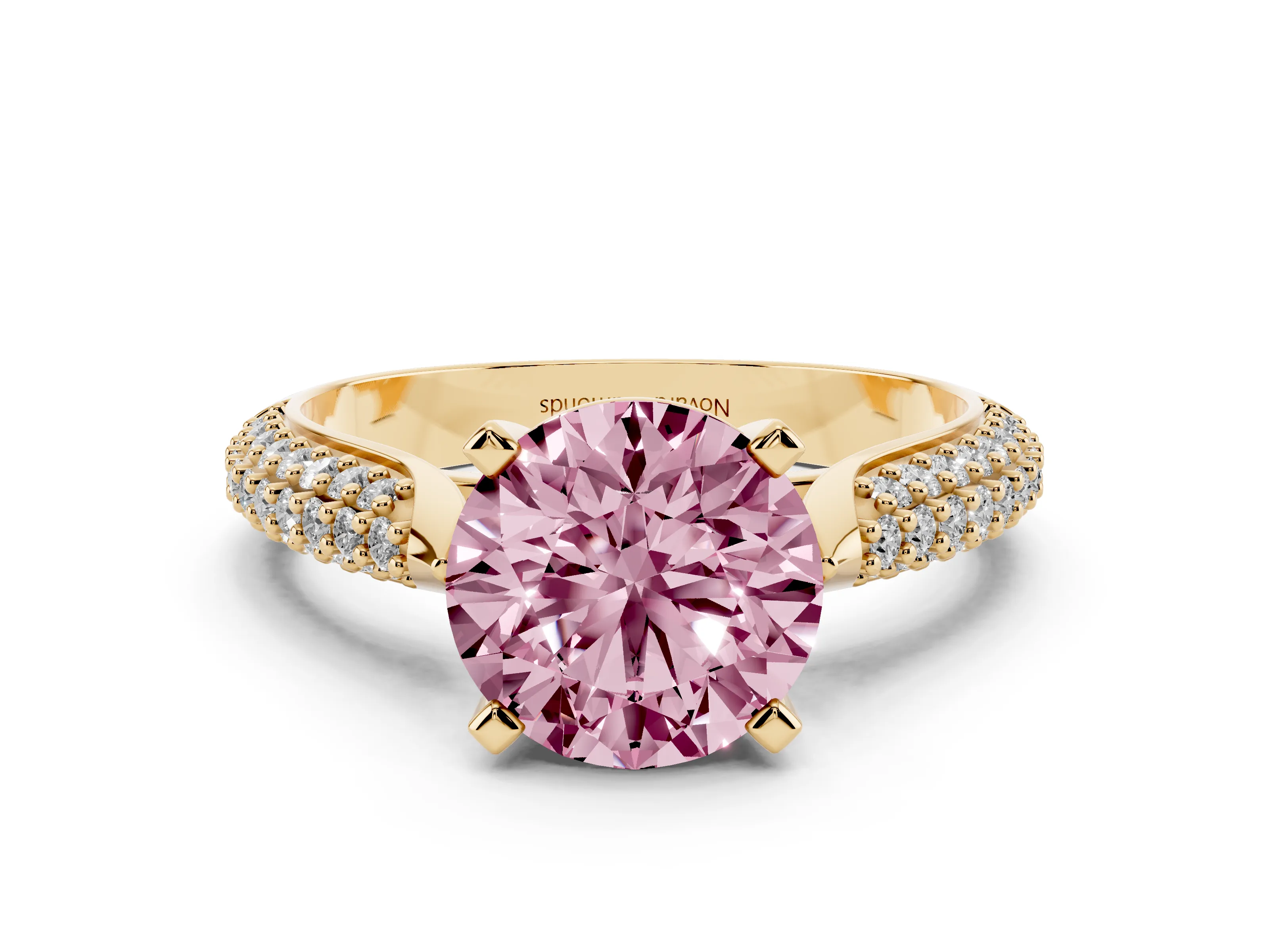 Fancy Pink Round Cut Diamond Solitaire Engagement Ring Set in Yellow gold with Multi-Row Round Pavé Band and Prong Setting