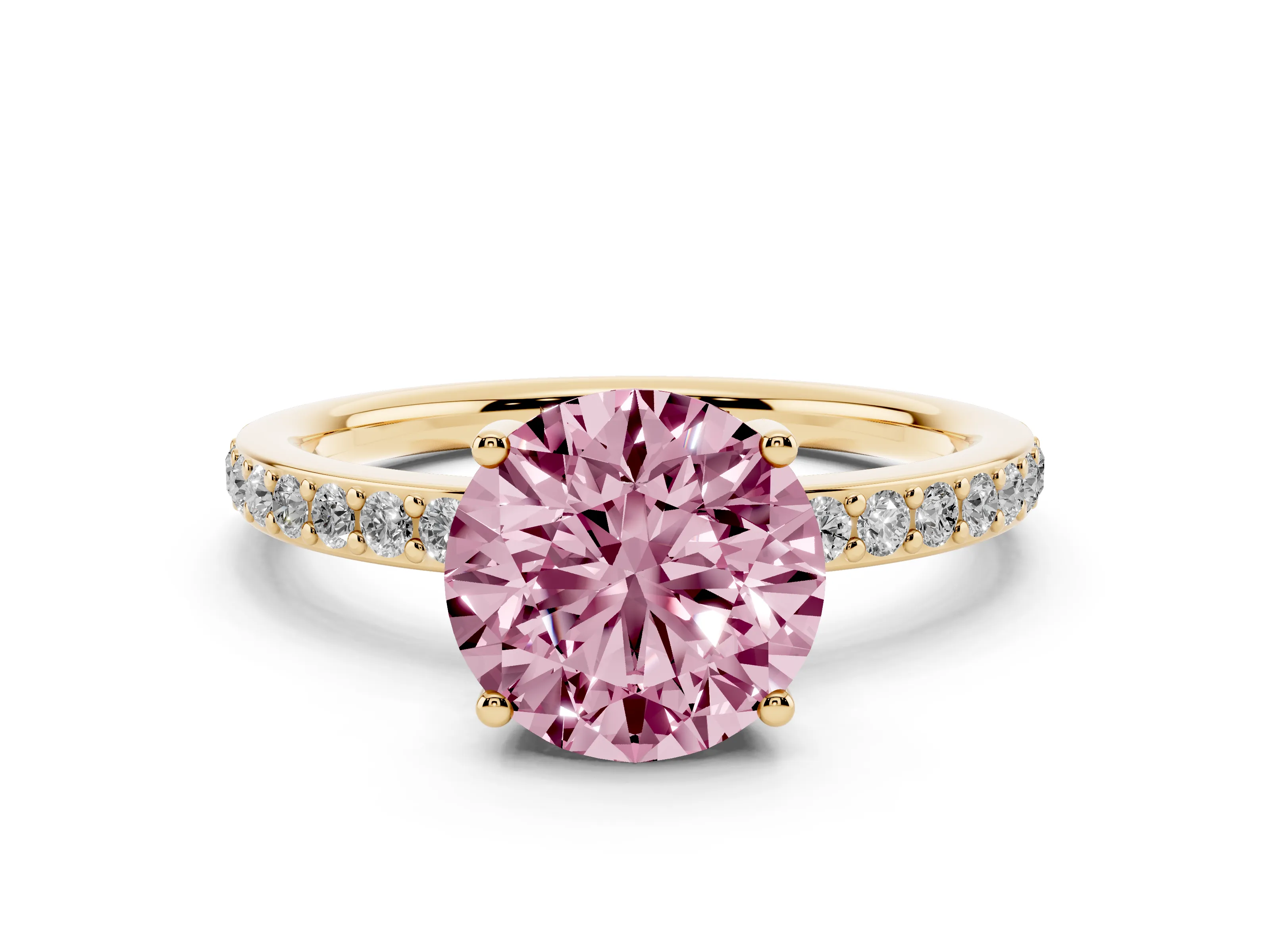 Fancy Pink Round Cut Diamond Pavé Band Ring Set in Yellow gold with Prong-Set Center Stone