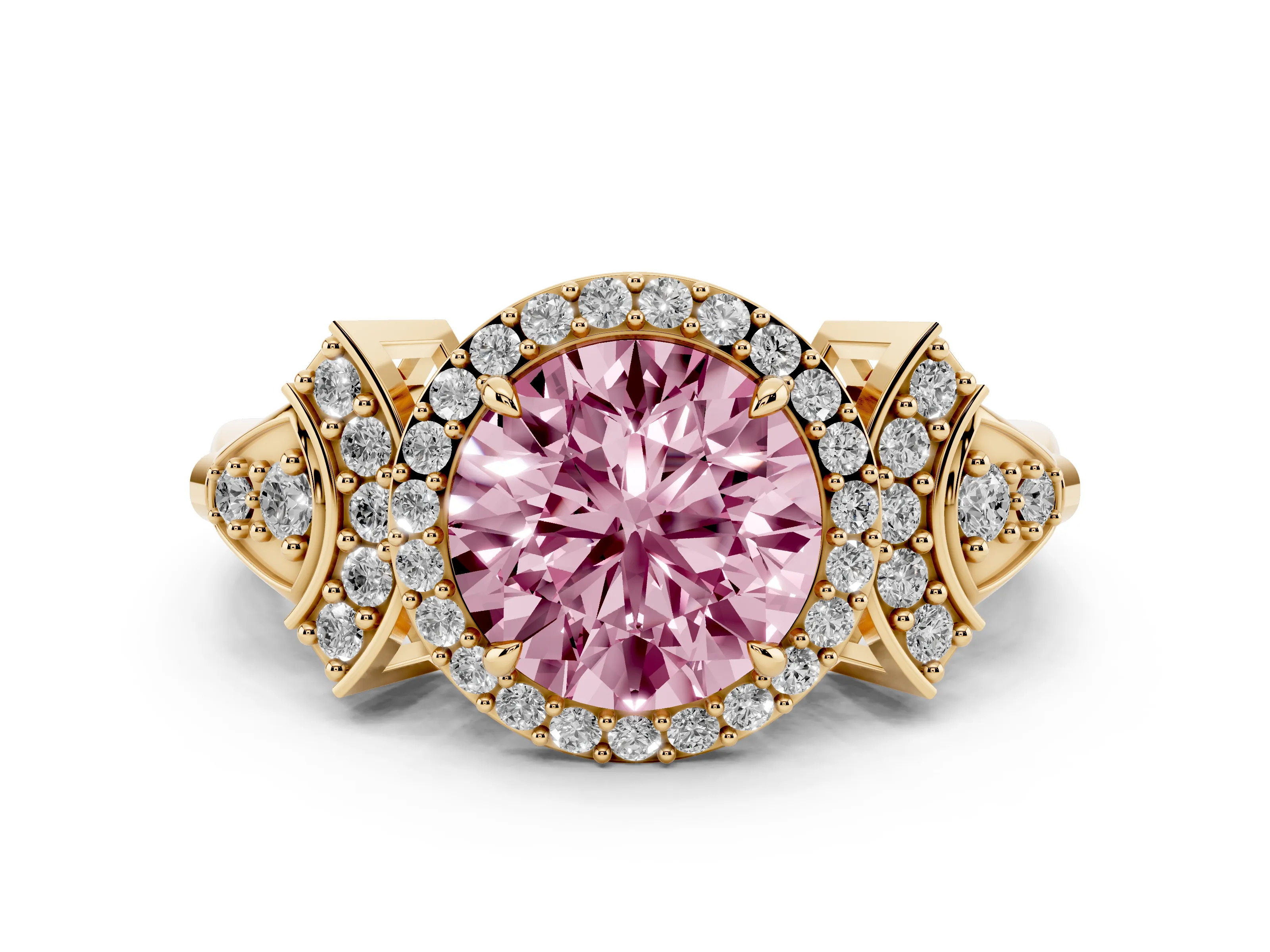 Fancy Pink Round Cut Diamond Halo Engagement Ring Set in Yellow gold with Accent Stone Split Shank