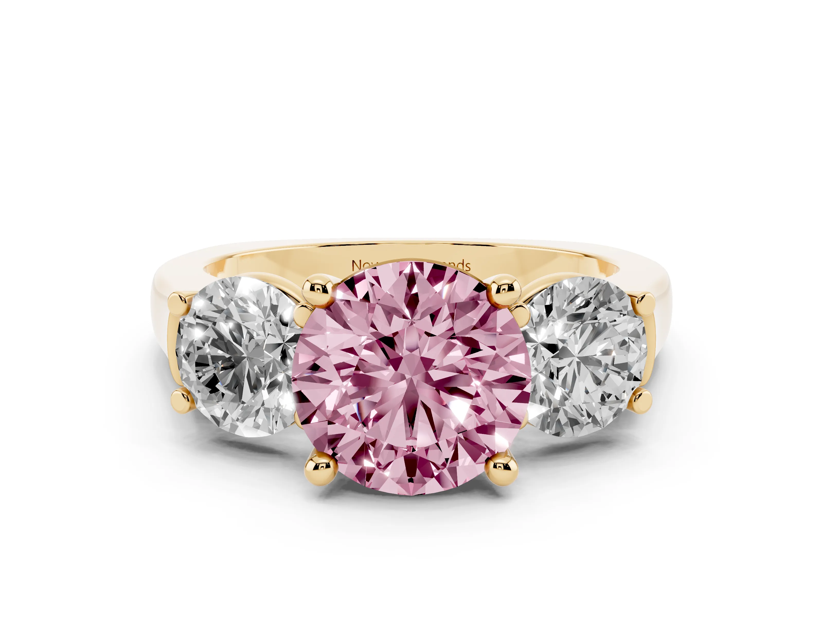 Fancy Pink Round Cut Diamond Three-Stone Trellis Ring Set in Yellow gold with Comfort Fit Band