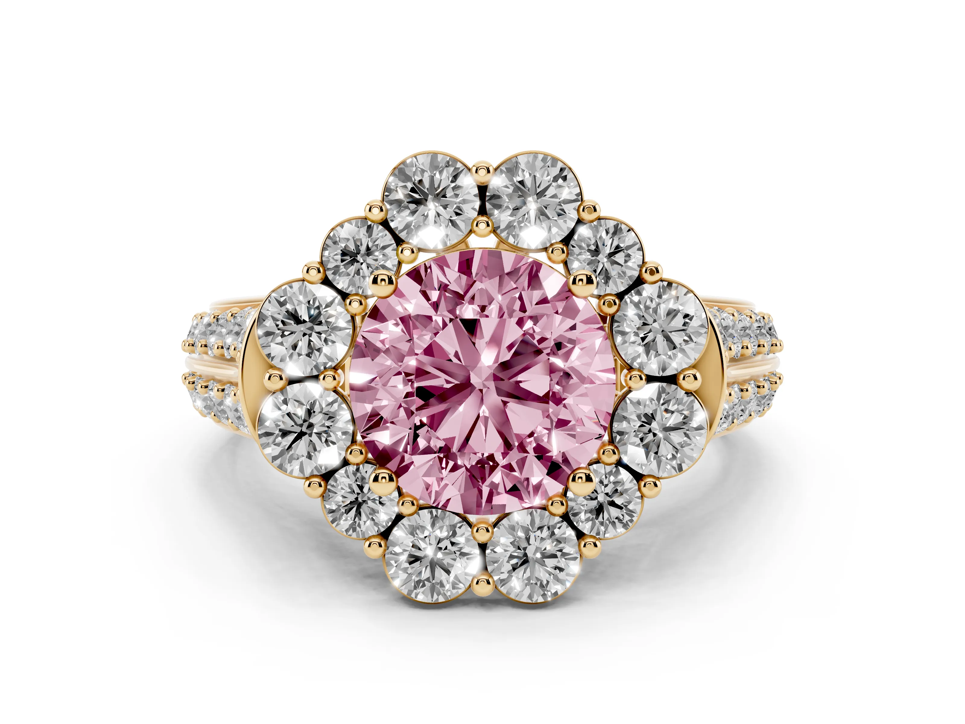 Fancy Pink Round Cut Diamond Halo Engagement Ring Set in Yellow gold with Split Shank and Prong Setting