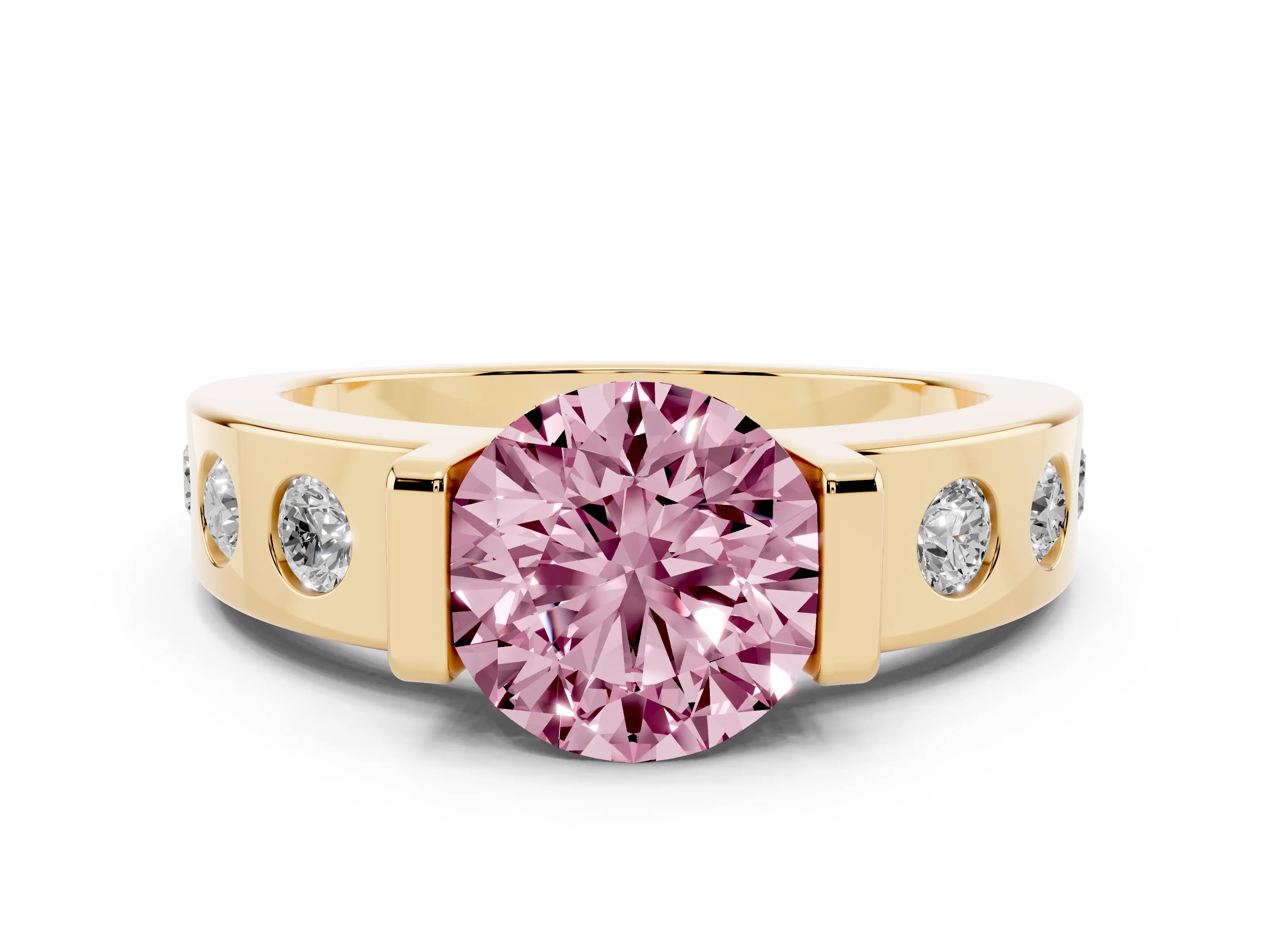 Fancy Pink Round Cut Diamond Channel-Set Band Ring Set in Yellow gold with Bezel Prong Setting