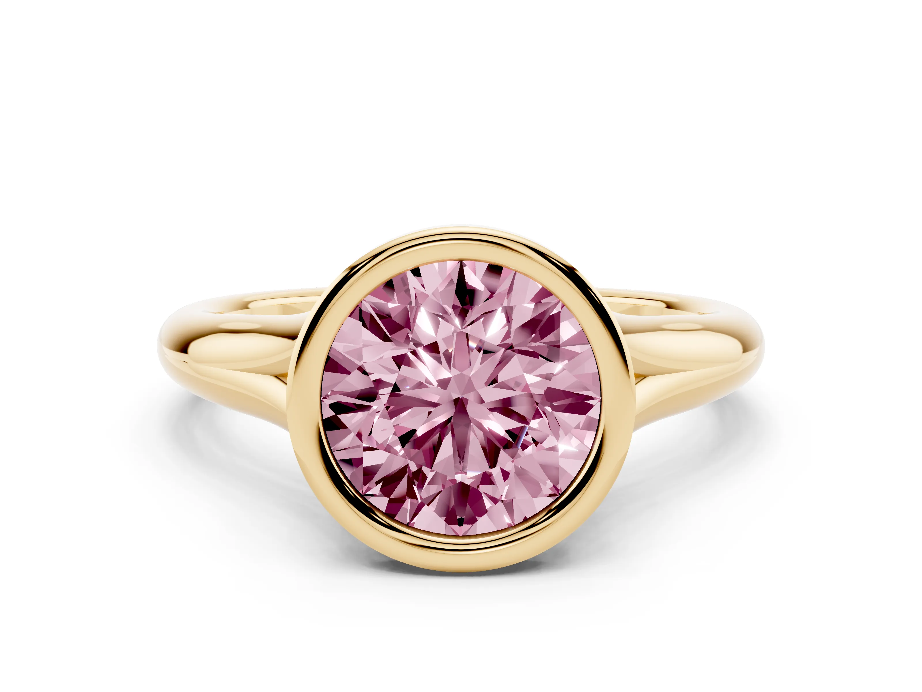 Fancy Pink Bezel Set Round Cut Diamond Solitaire Ring Set in Yellow gold with Smooth Band