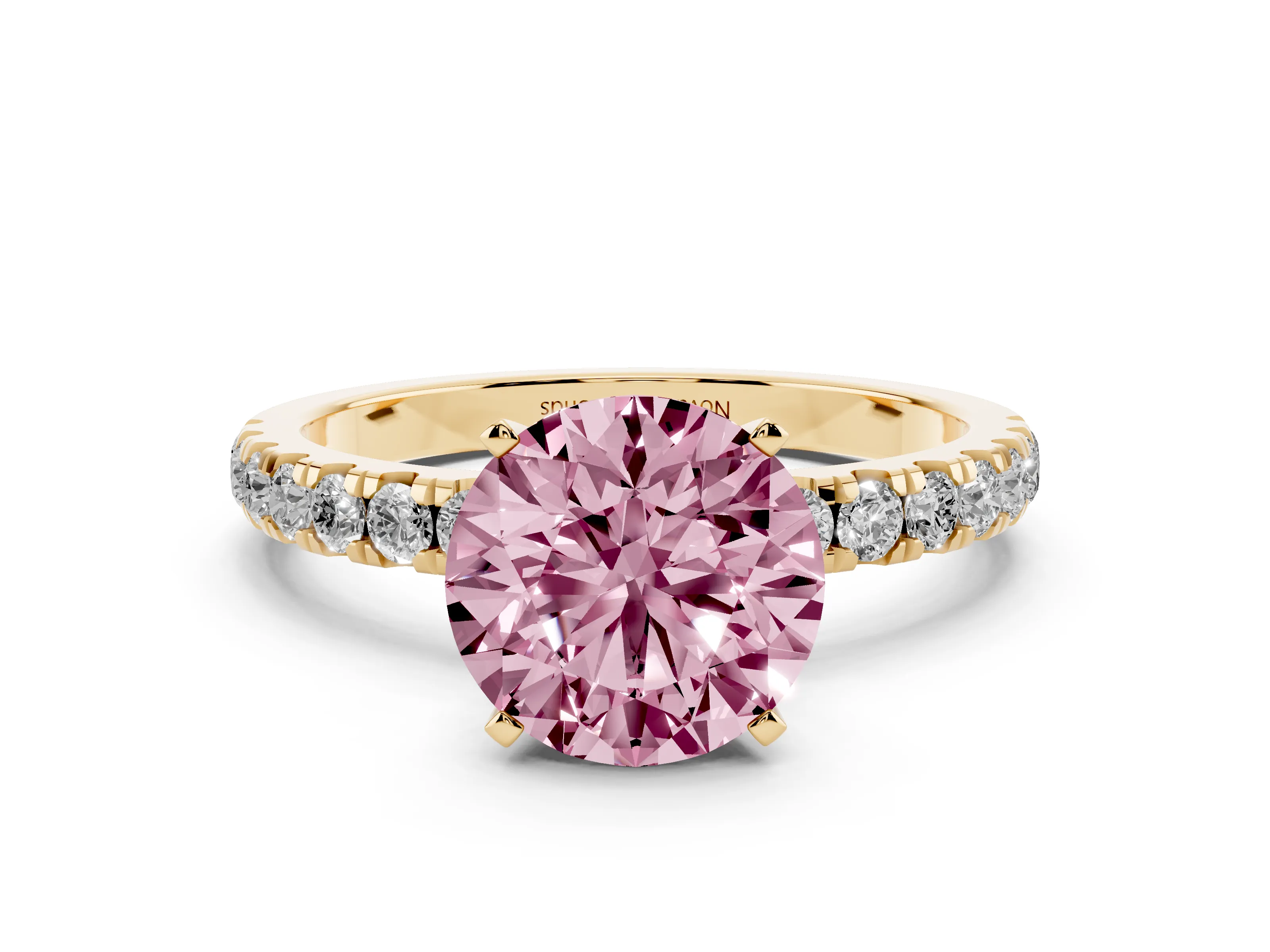 Fancy Pink Round Cut Diamond Solitaire Ring Set in Yellow gold with Pavé Accents and Prong Setting