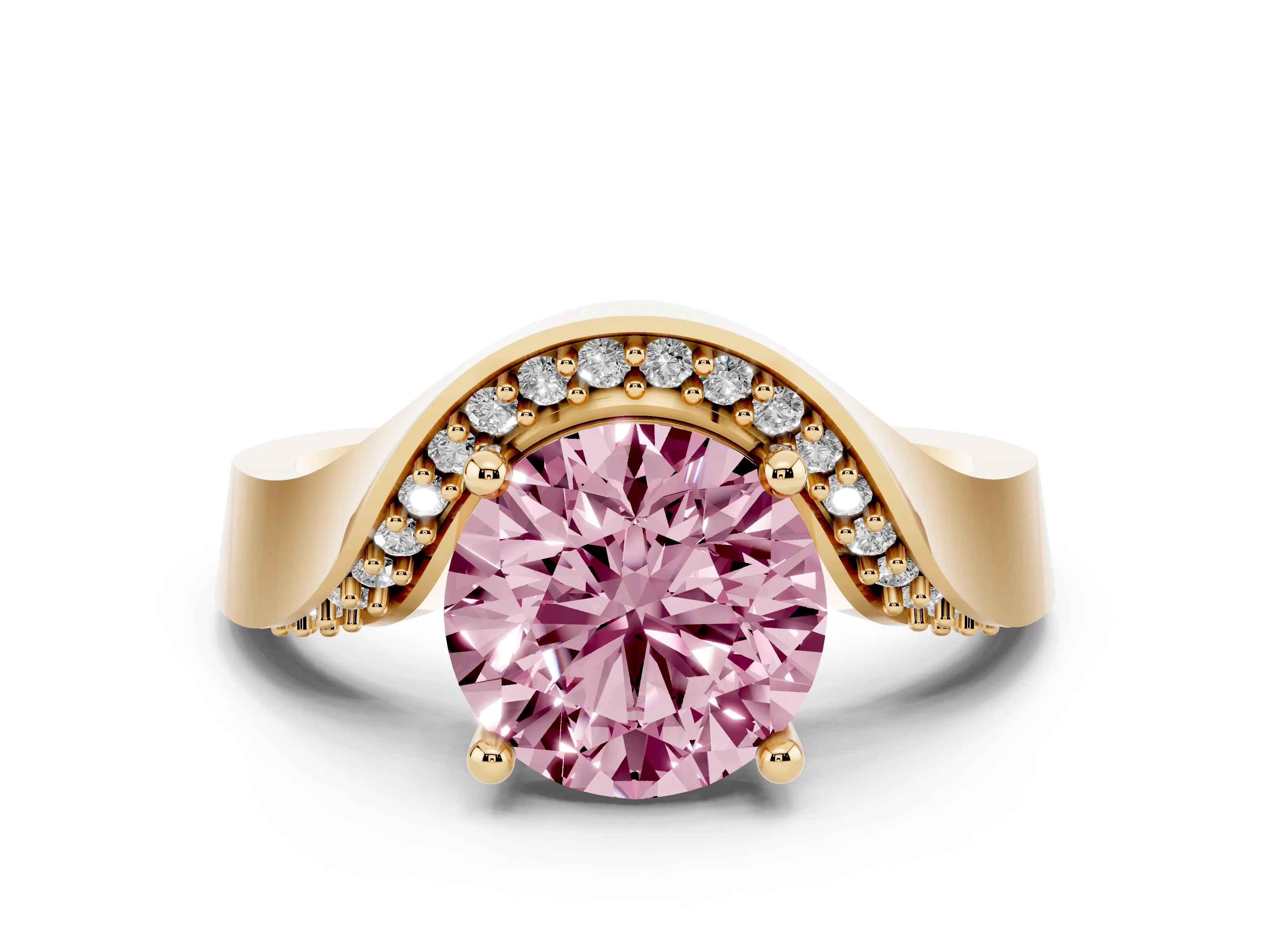 Fancy Pink Round Cut Diamond Solitaire Engagement Ring Set in Yellow gold with Pavé Shoulders