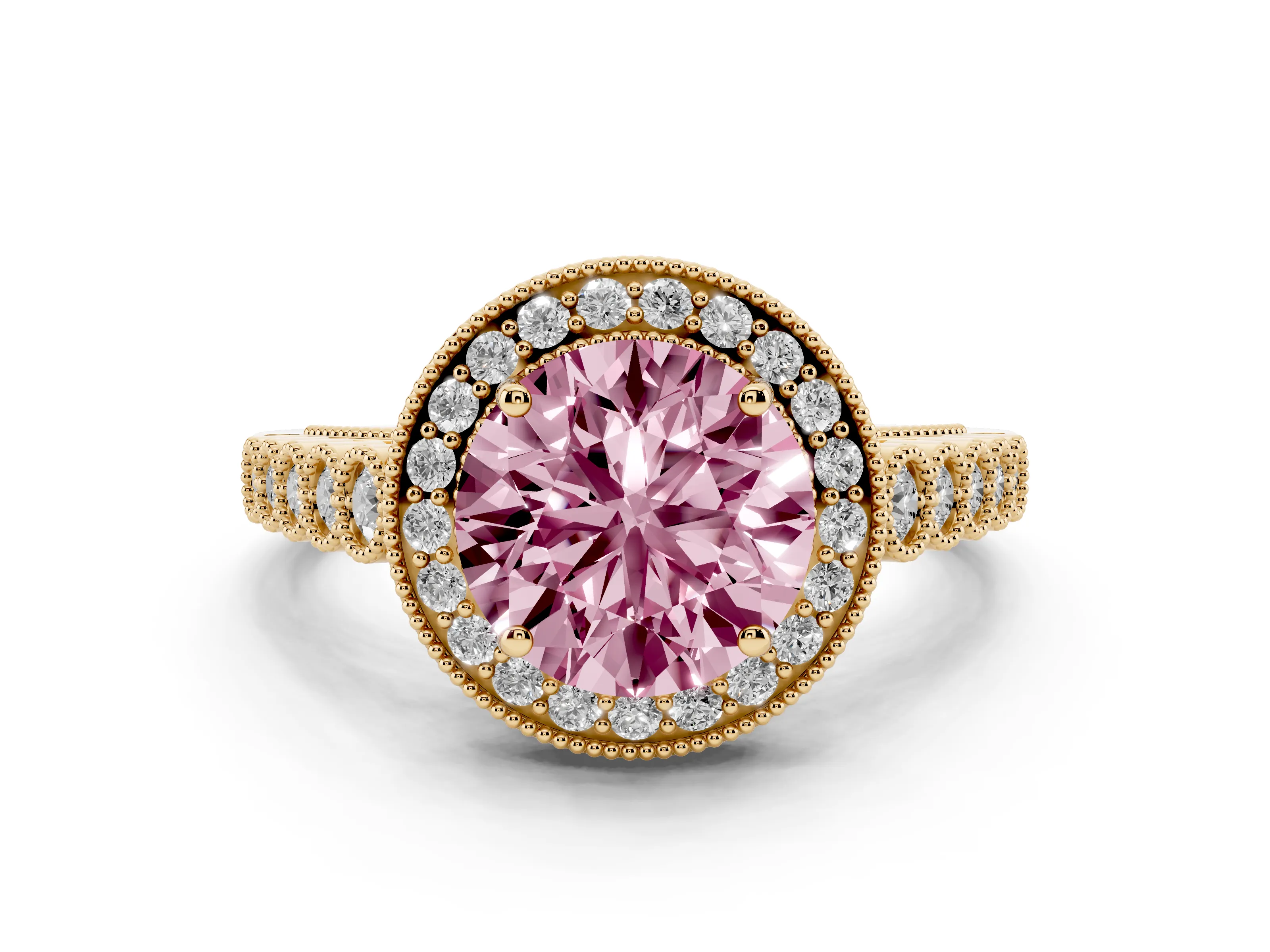 Fancy Pink Round Cut Diamond Milgrain Halo Solitaire Ring Set in Yellow gold with Bezel Set Side Stones and Pavé Band