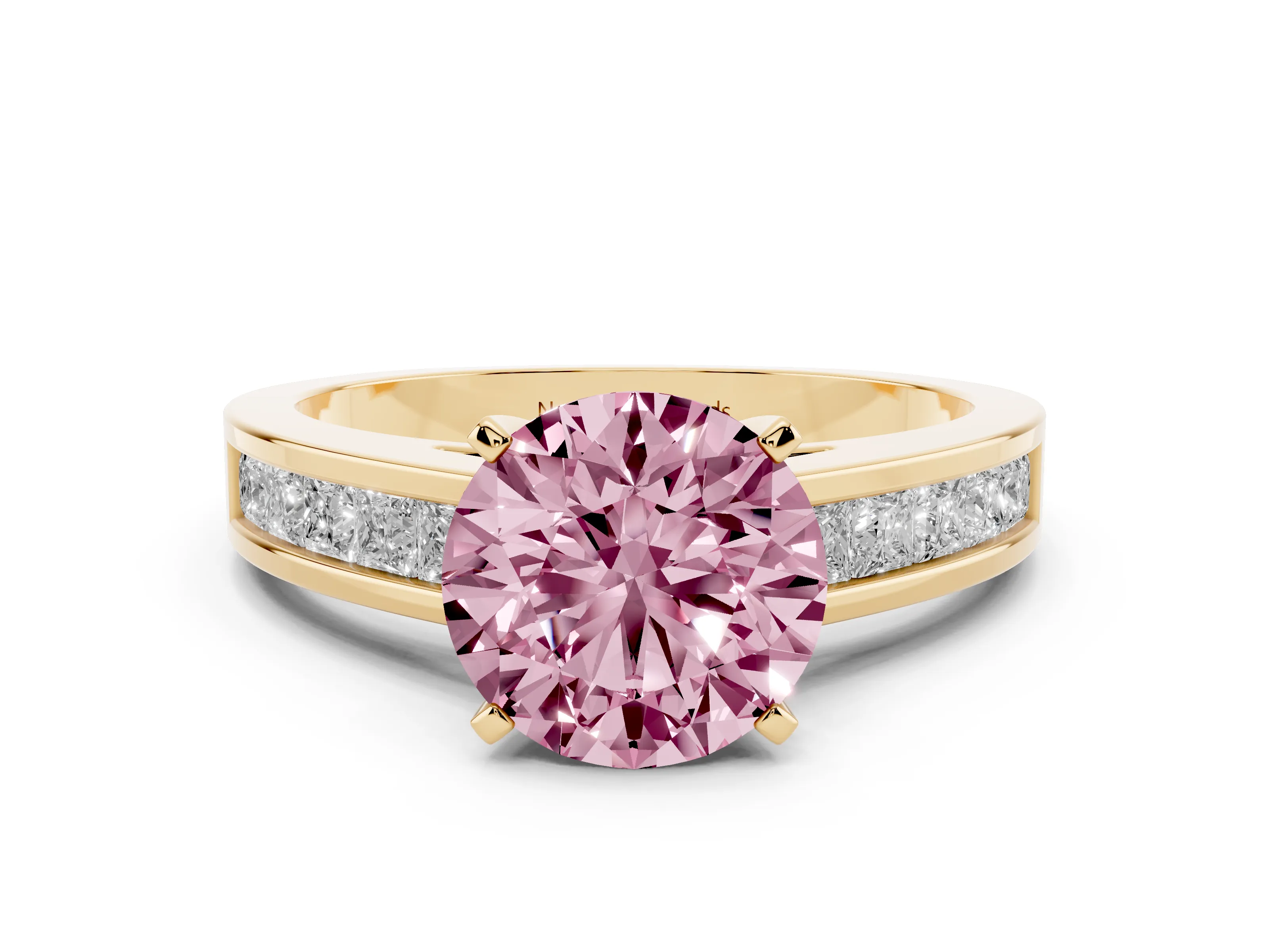 Fancy Pink Round Cut Diamond Solitaire Ring Set in Yellow gold with Channel-Set Band and Prong Setting