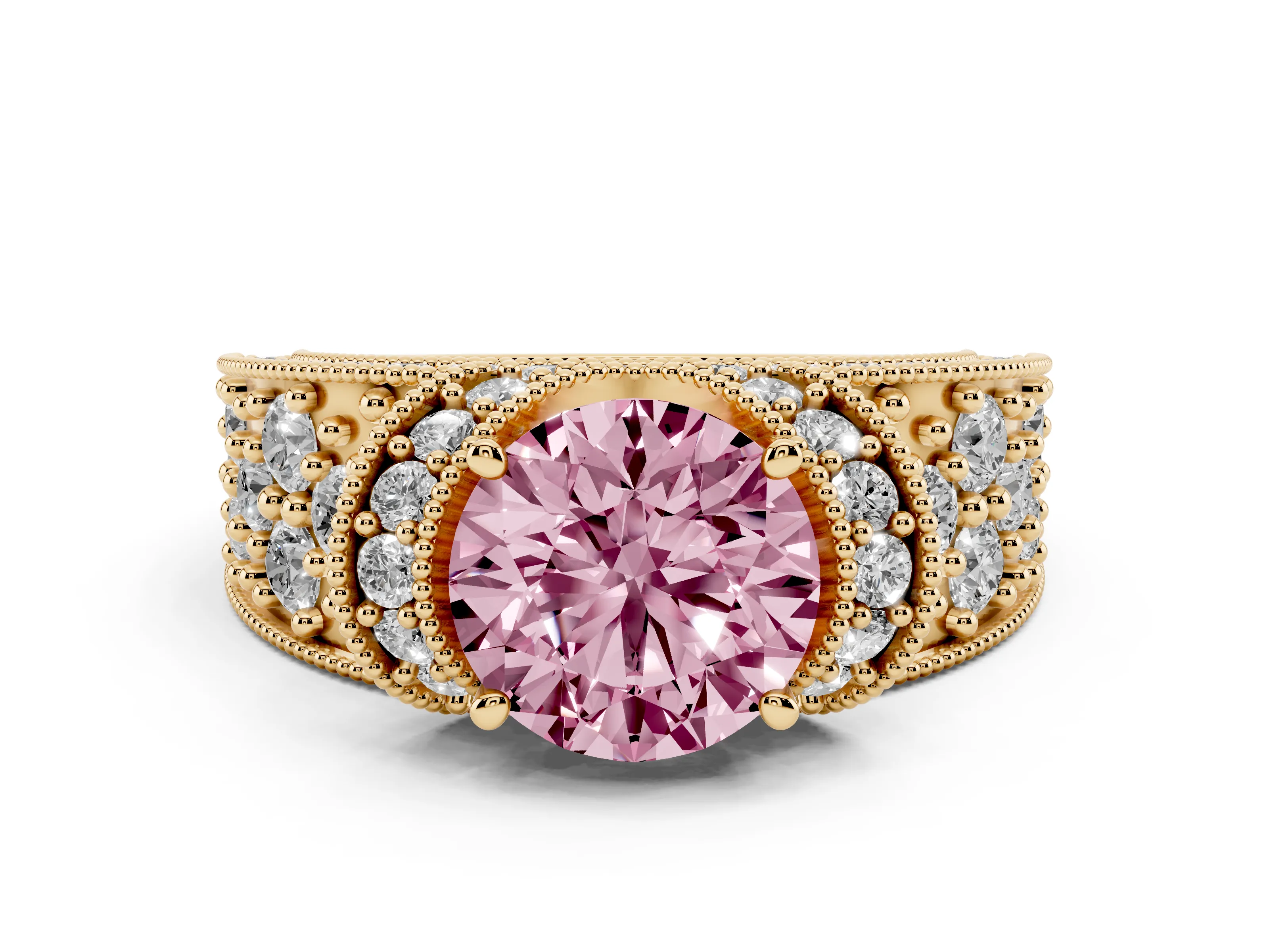 Fancy Pink Round Cut Diamond Milgrain Halo Pavé Engagement Ring Set in Yellow gold with Prong Setting