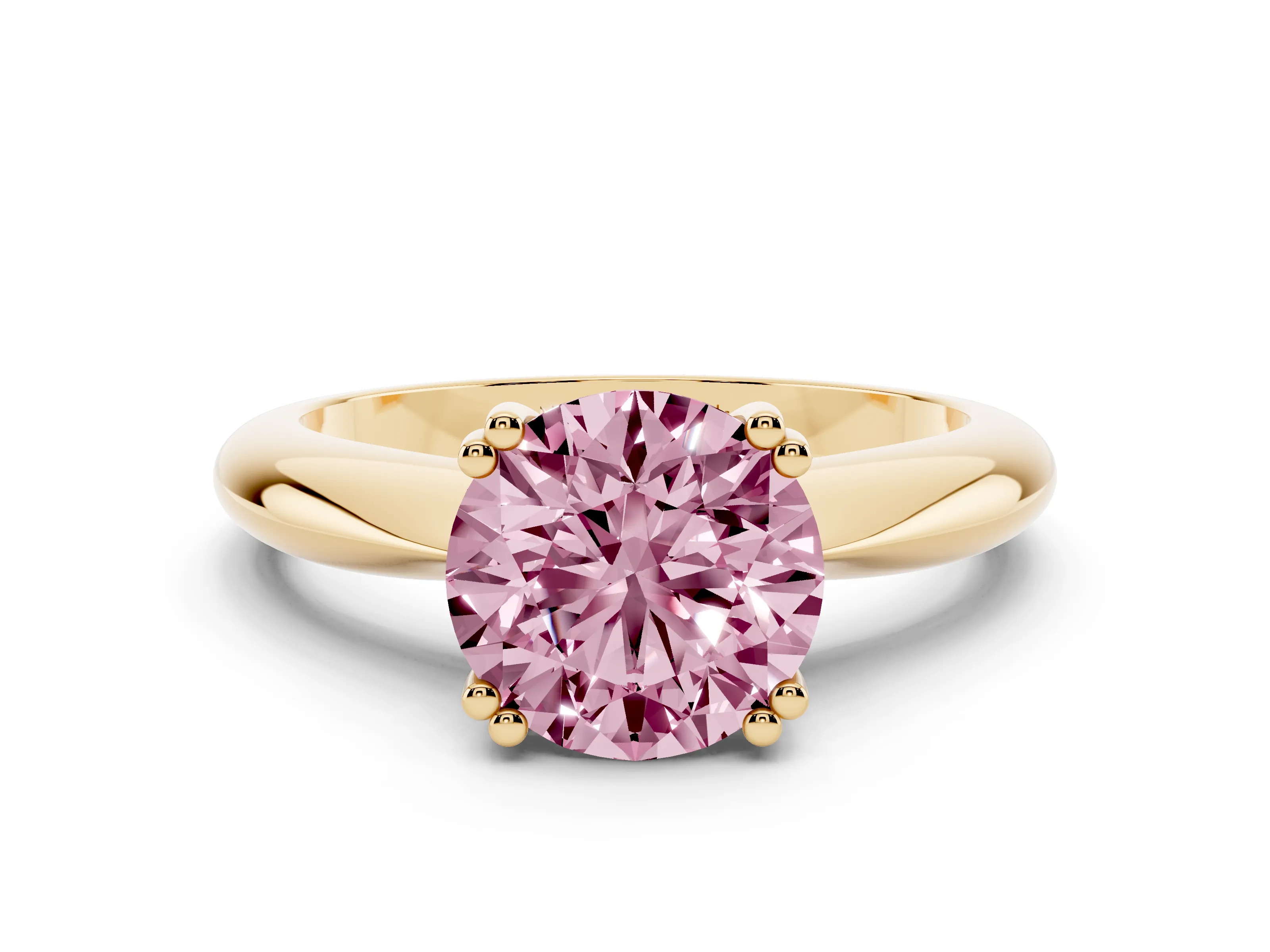 Fancy Pink Round Cut Diamond Solitaire Engagement Ring Set in Yellow gold with Tapered Band and Prong Setting