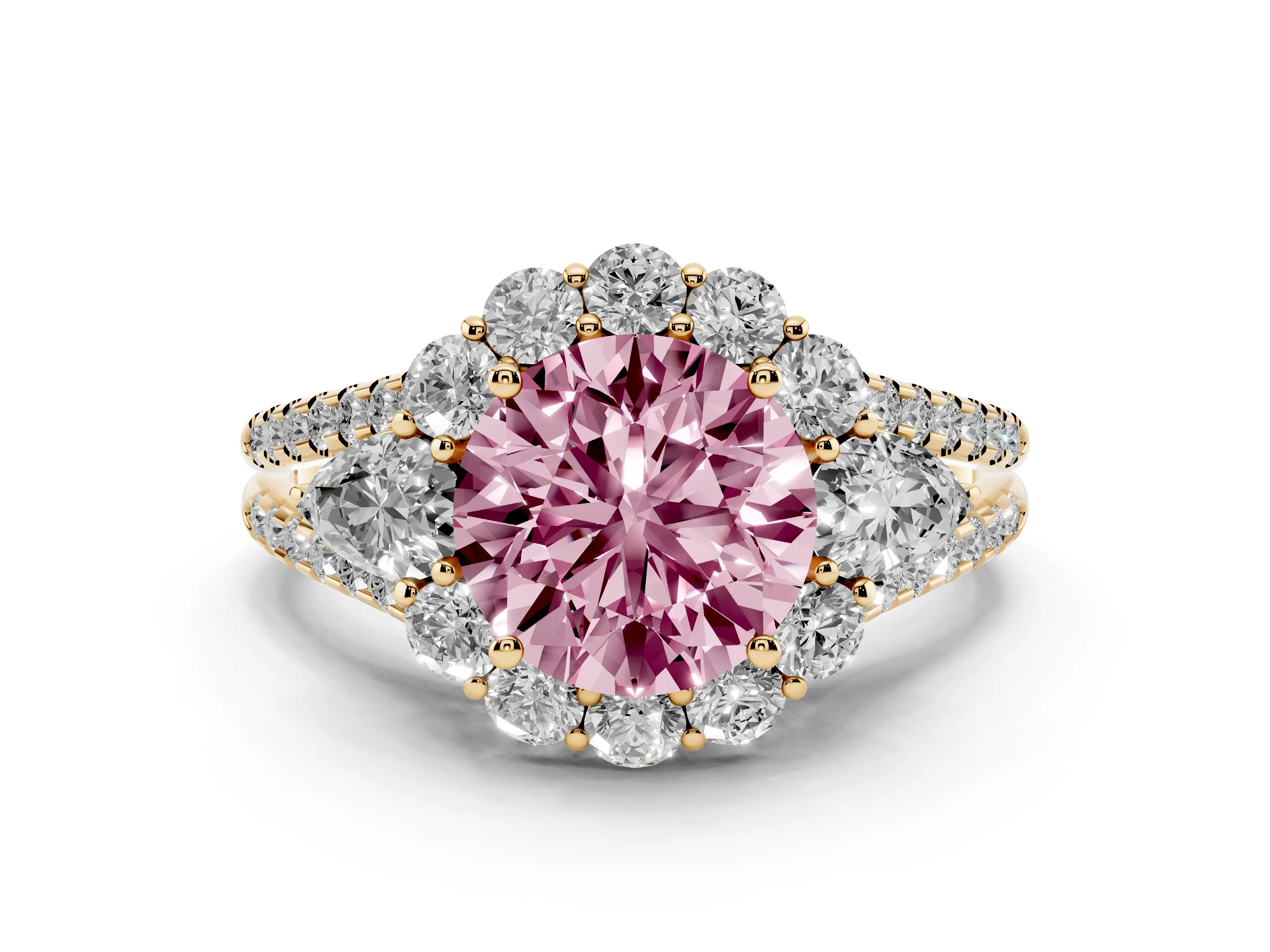 Fancy Pink Round Cut Diamond Halo Split Shank Engagement Ring Set in Yellow gold with Prong-Held Center Stone