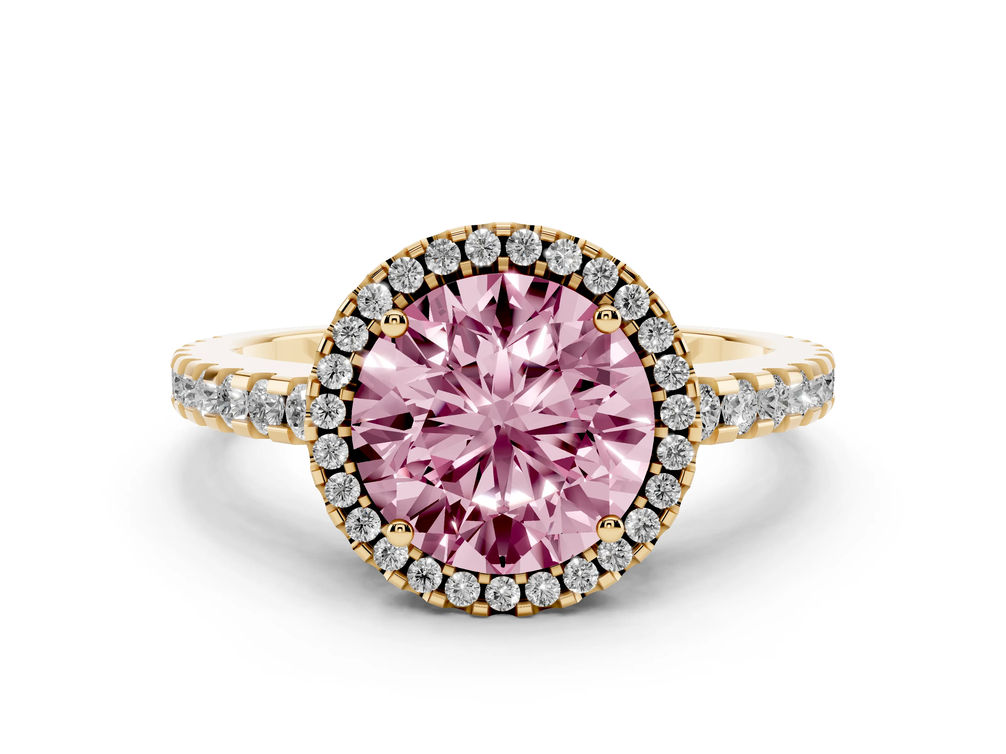 Fancy Pink Round Cut Diamond Halo Ring Set in Yellow gold with Pavé Shoulders and Halo-Framed Center
