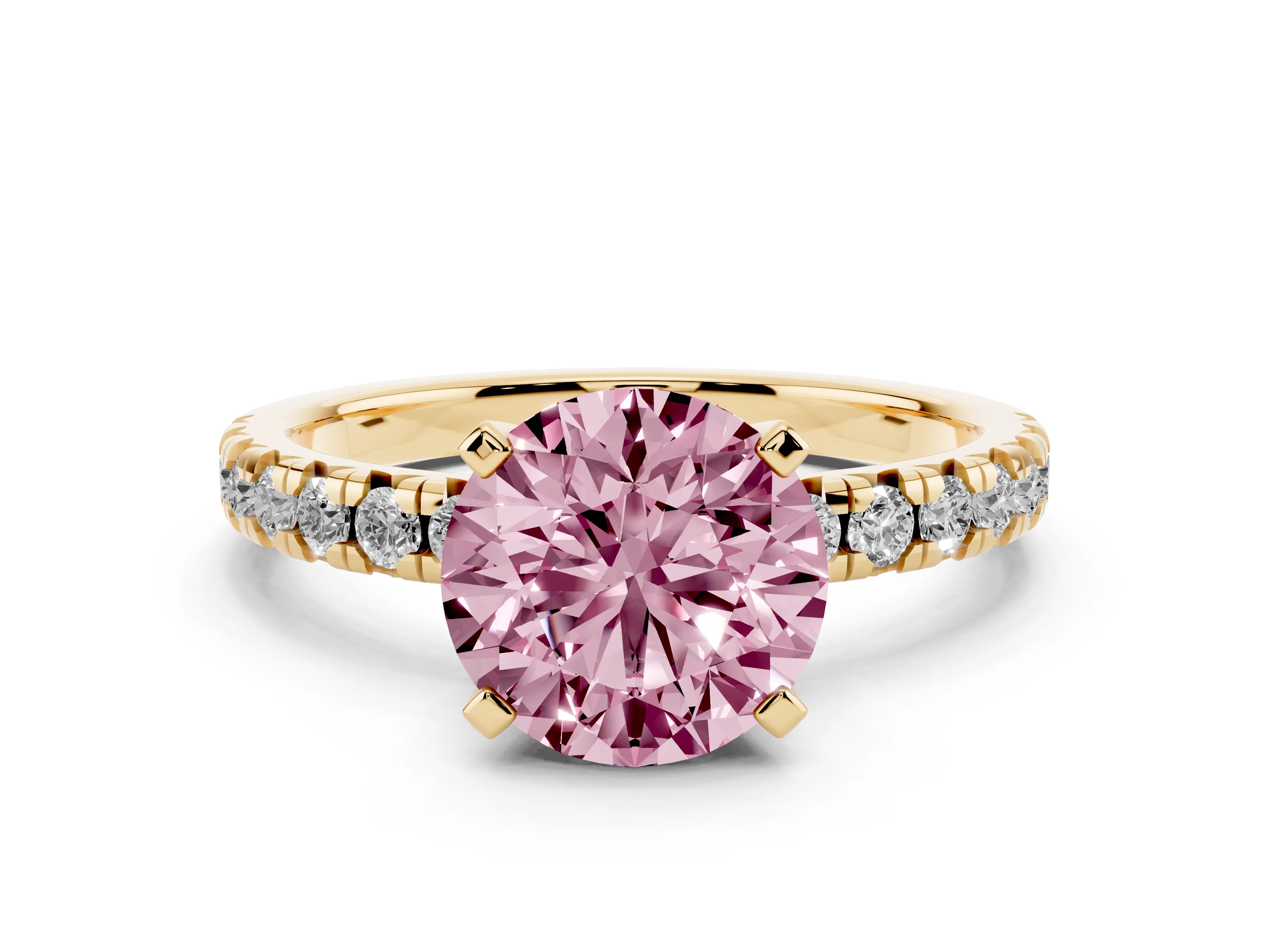 Fancy Pink Round Cut Diamond Solitaire Pavé Engagement Ring Set in Yellow gold with Round Band and Prong Setting