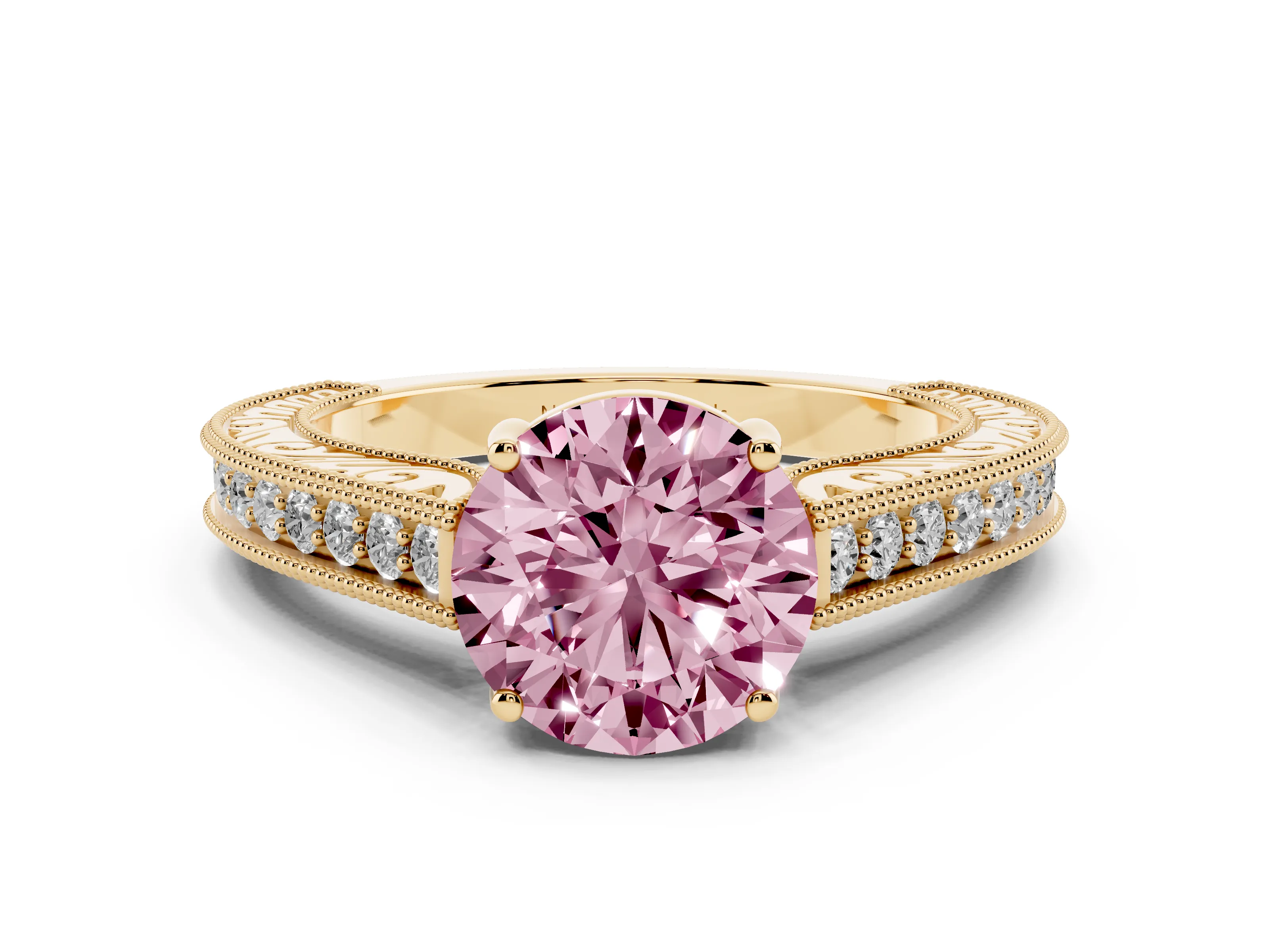 Fancy Pink Round Cut Diamond Milgrain Pavé Band Solitaire Ring Set in Yellow gold with Prong Setting
