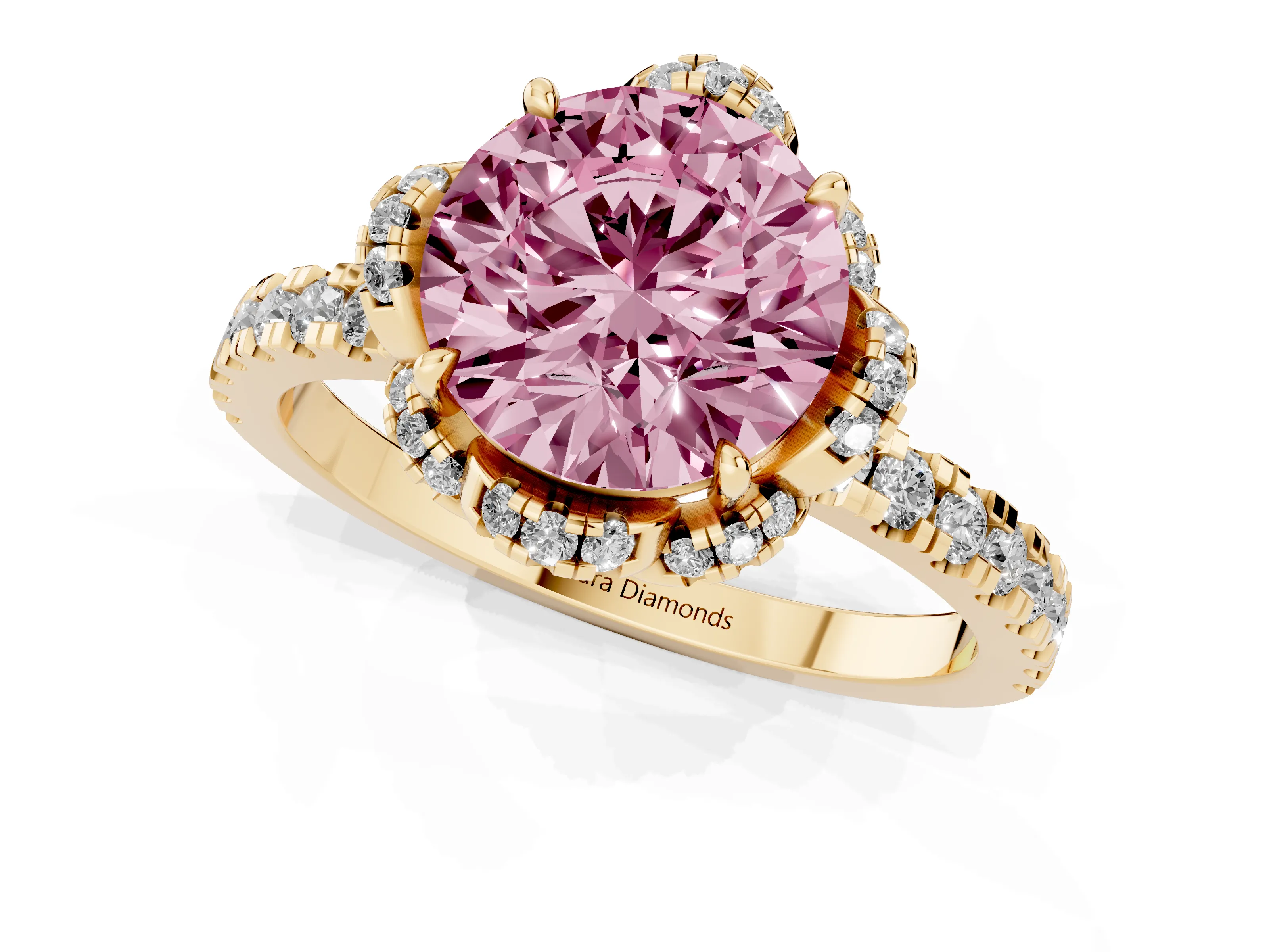 Fancy Pink Round Cut Diamond Halo Pavé Band Ring Set in Yellow gold with Prong-Held Center