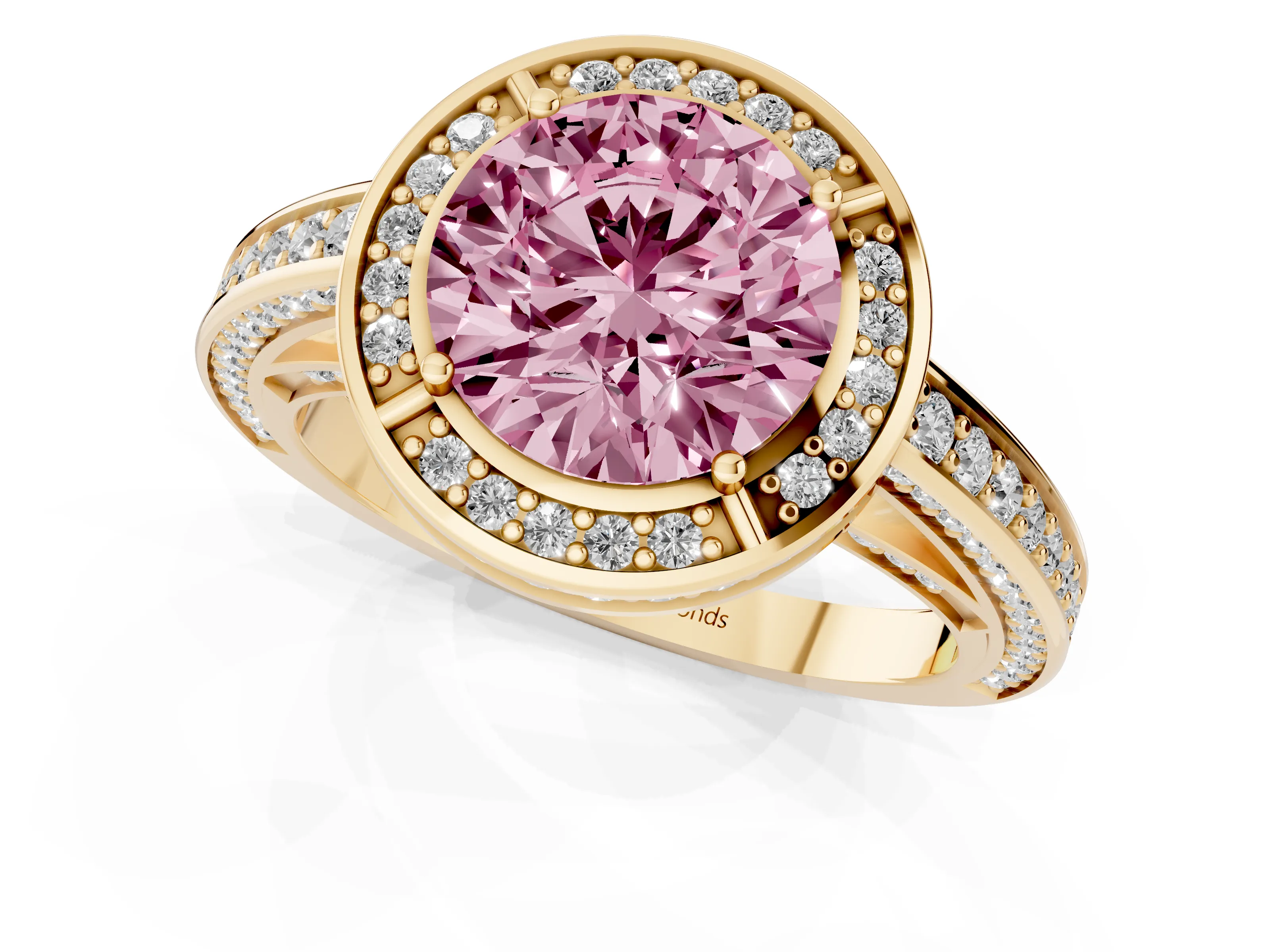 Fancy Pink Round Cut Diamond Halo Pavé Split Shank Ring Set in Yellow gold with Prong Setting