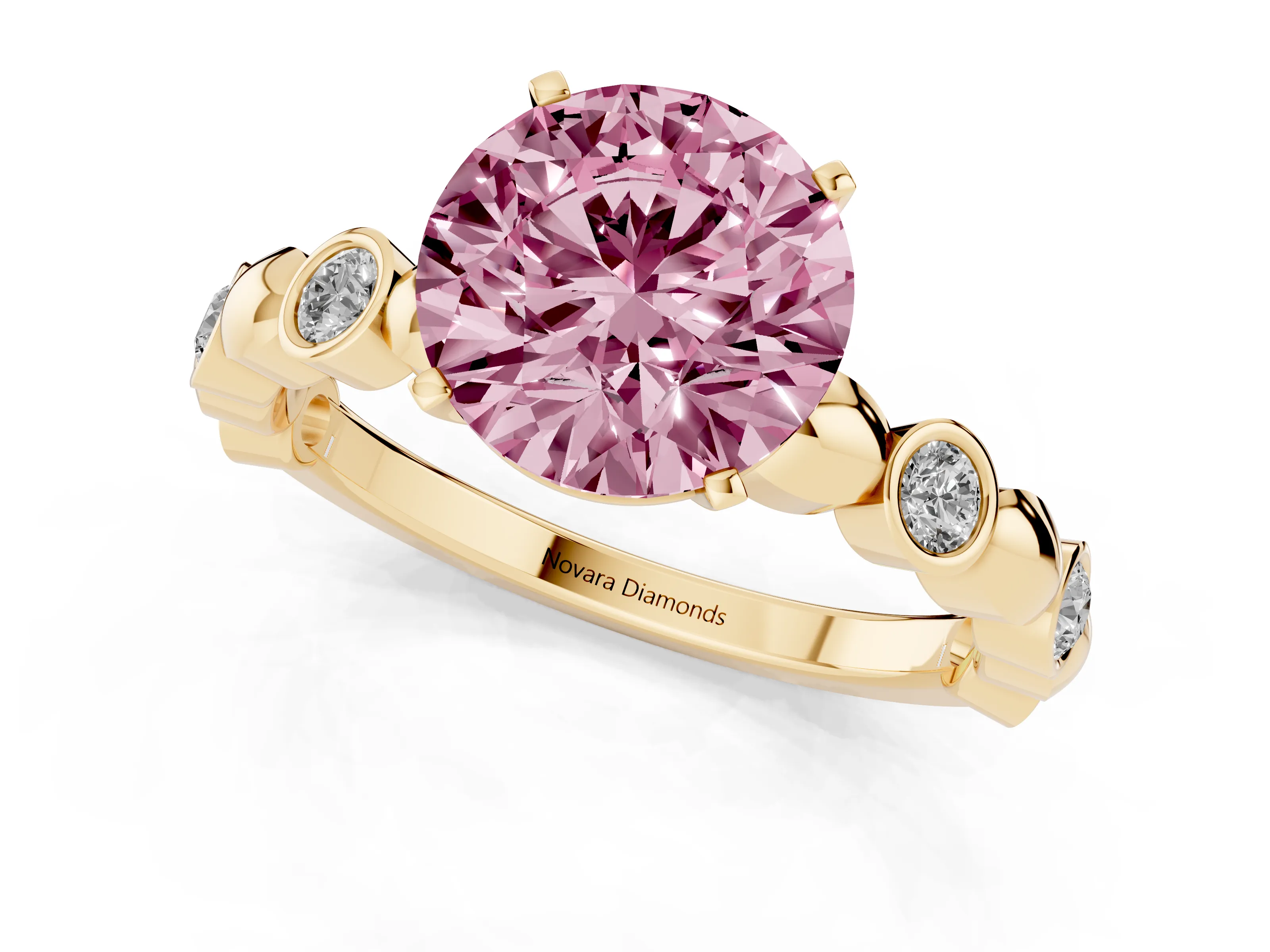 Fancy Pink Round Cut Diamond Solitaire Ring Set in Yellow gold with Bezel-Set Accents on Beaded Band and Prong Setting
