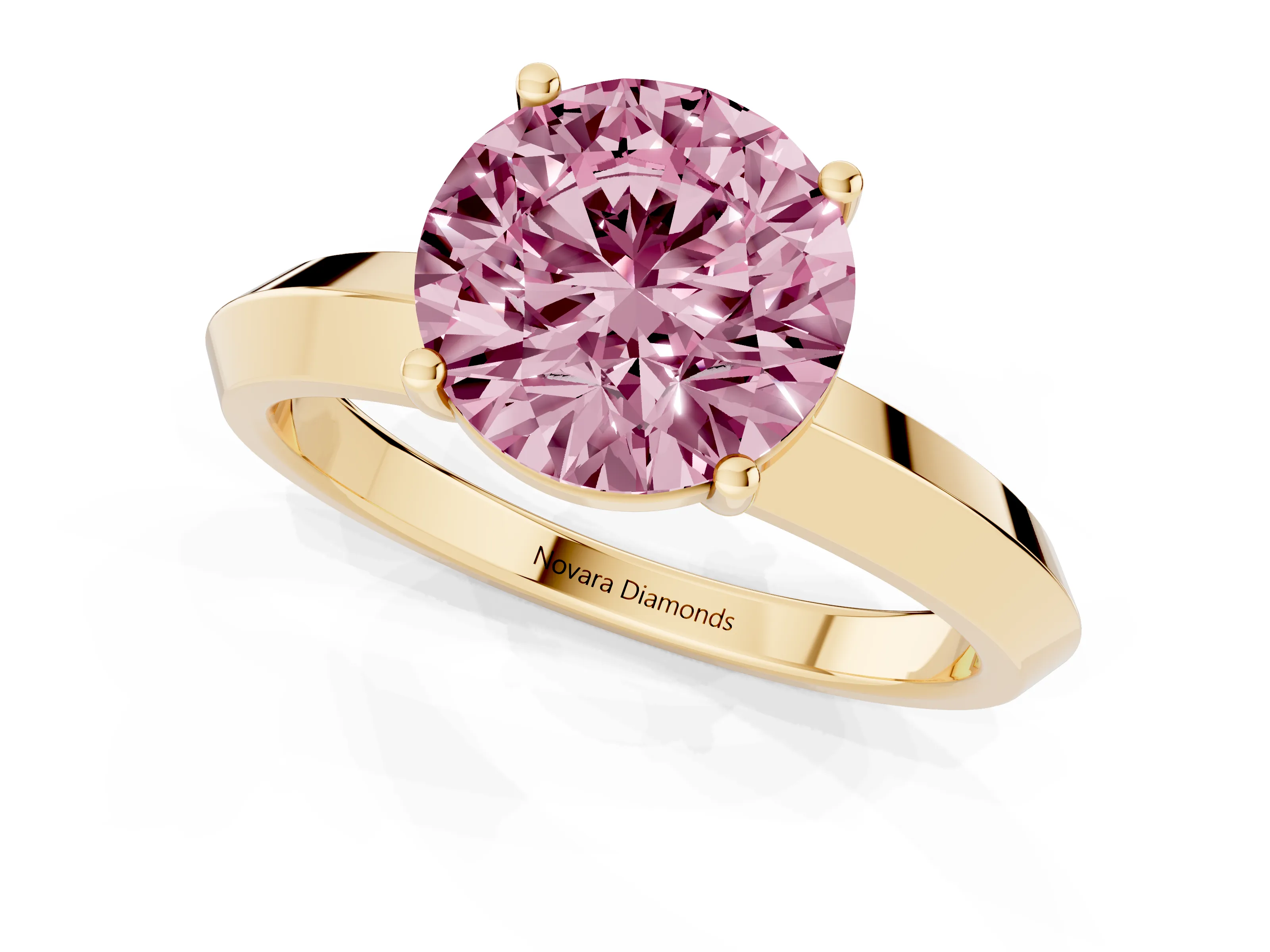 Fancy Pink Round Cut Diamond Solitaire Engagement Ring Set in Yellow gold with Flat Band and Prong Setting