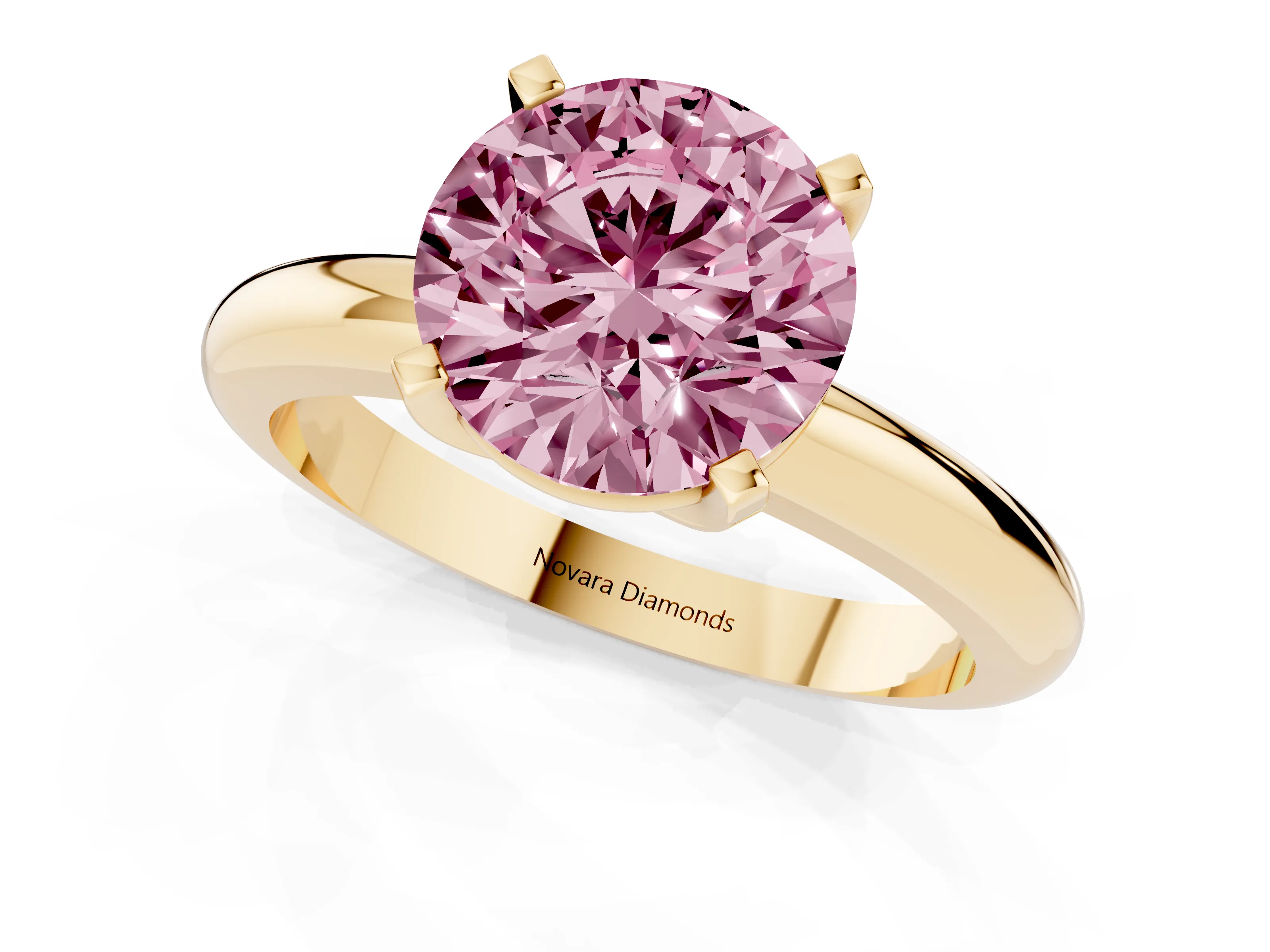 Fancy Pink Round Cut Diamond Solitaire Engagement Ring Set in Yellow gold with Round Band and Prong Setting