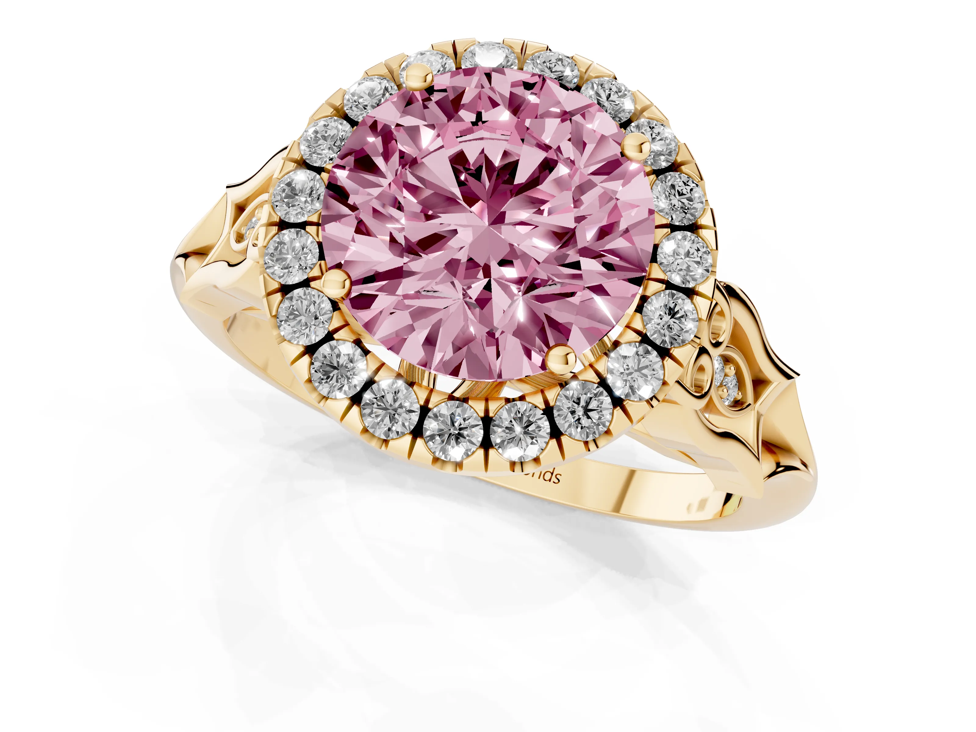 Fancy Pink Round Cut Diamond Halo Engagement Ring Set in Yellow gold with Filigree Band and Prong-Set Center