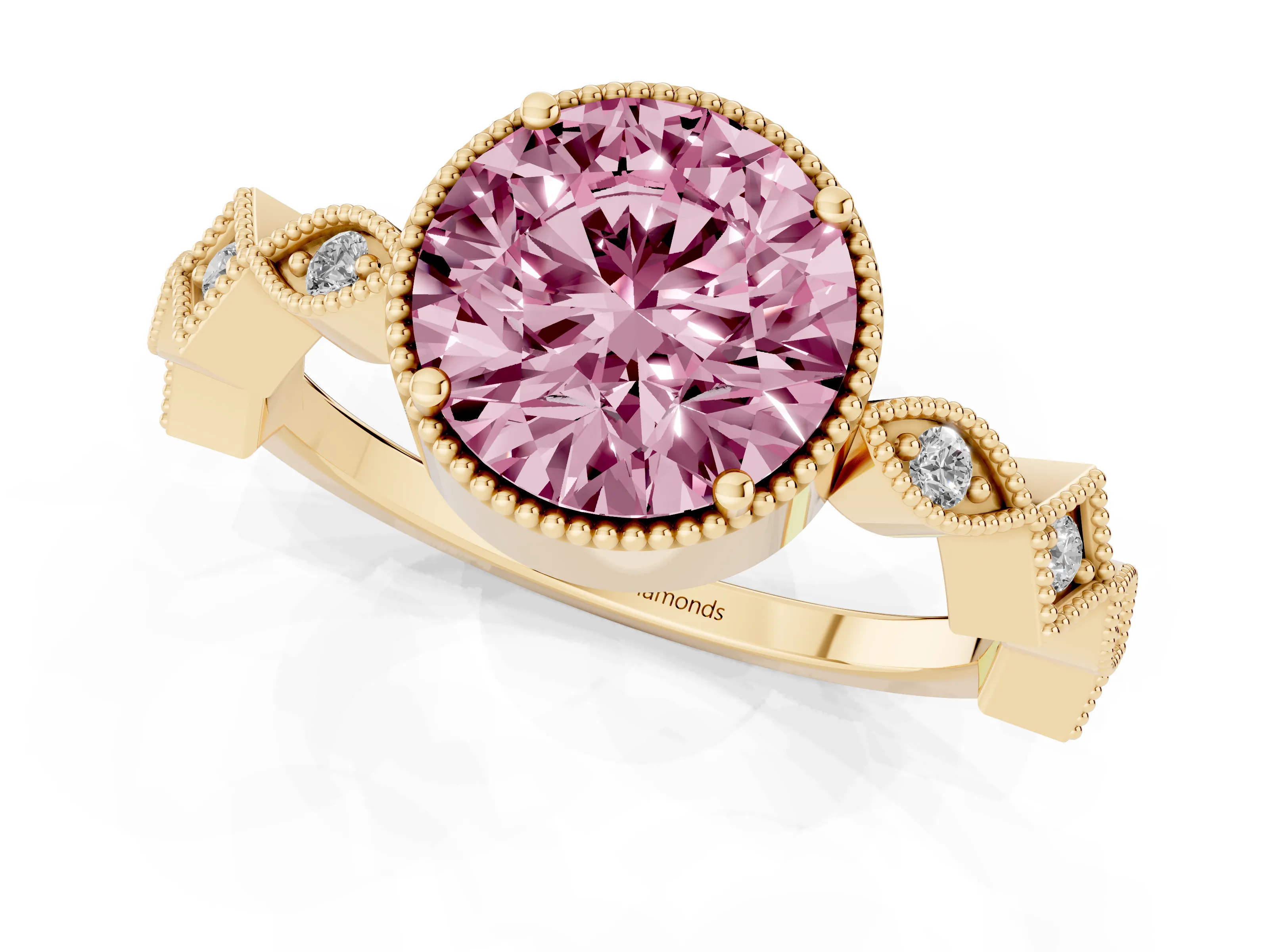 Fancy Pink Round Cut Diamond Milgrain Marquise Twist Band Ring Set in Yellow gold with Prong Setting