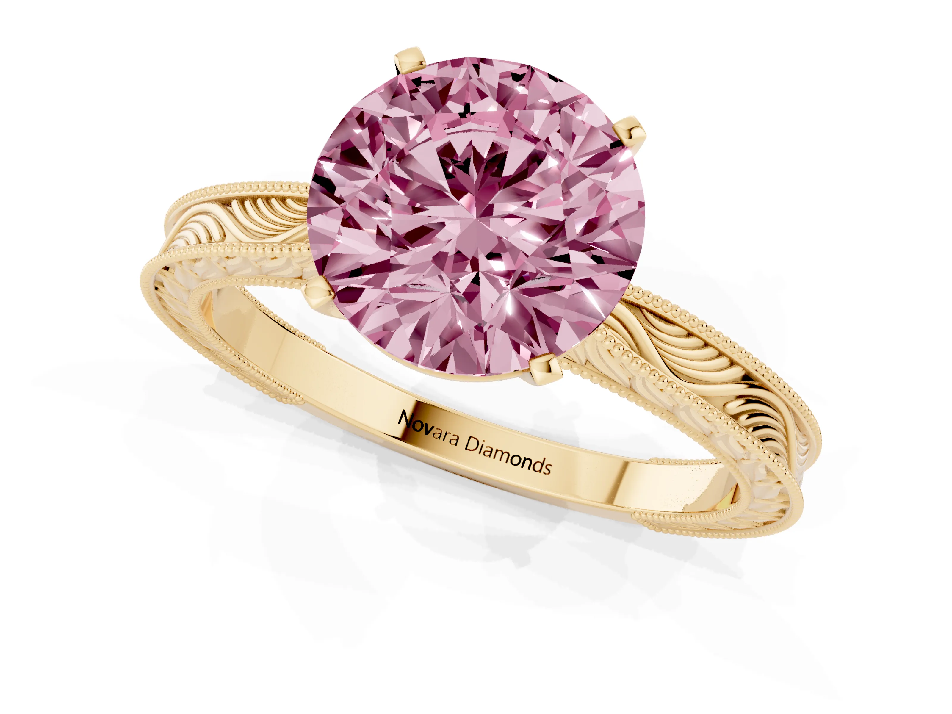 Fancy Pink Round Cut Diamond Solitaire Milgrain Engraved Band Set in Yellow gold with Prong Setting