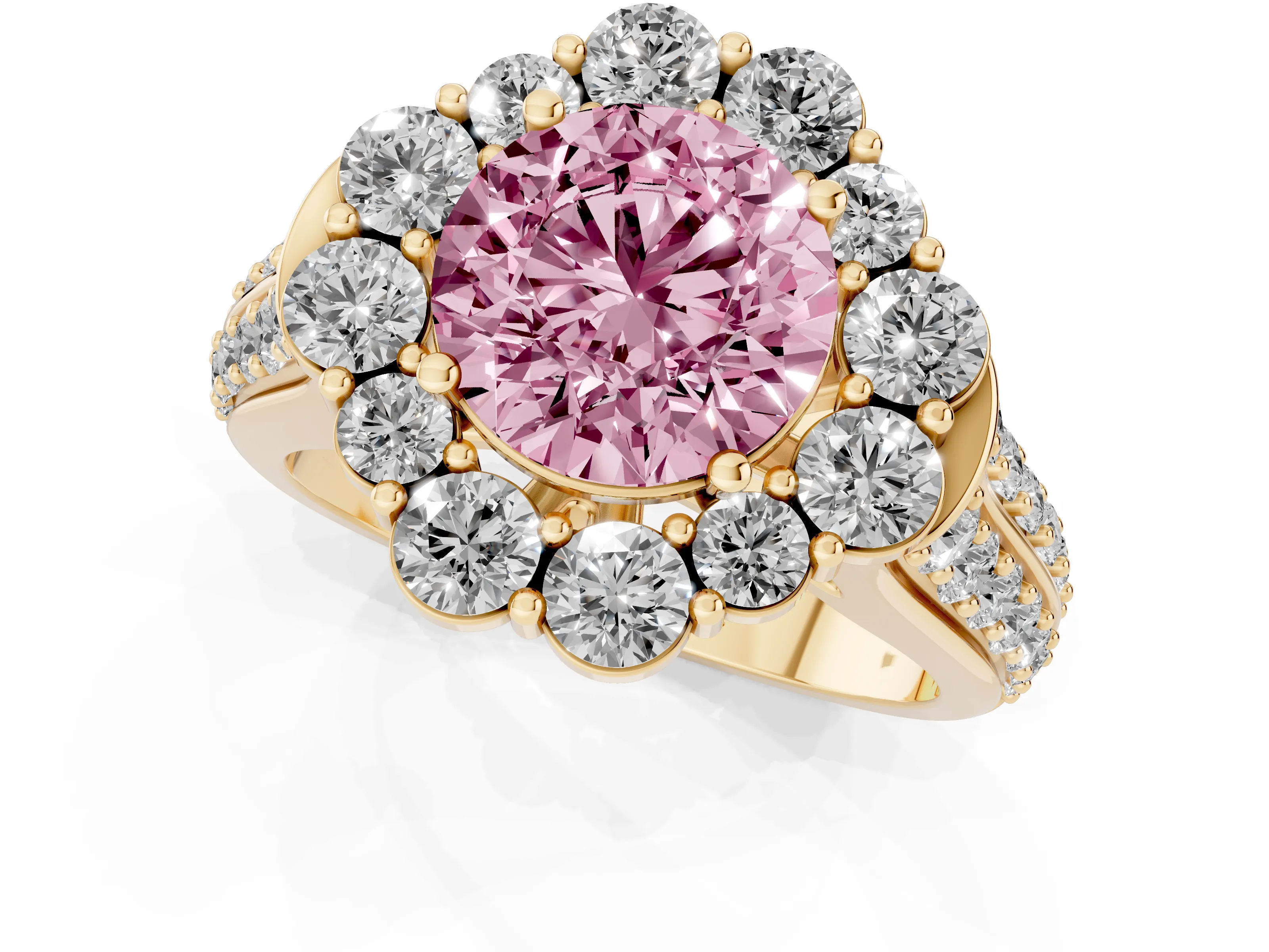 Fancy Pink Round Cut Diamond Halo Engagement Ring Set in Yellow gold with Split Shank and Prong Setting