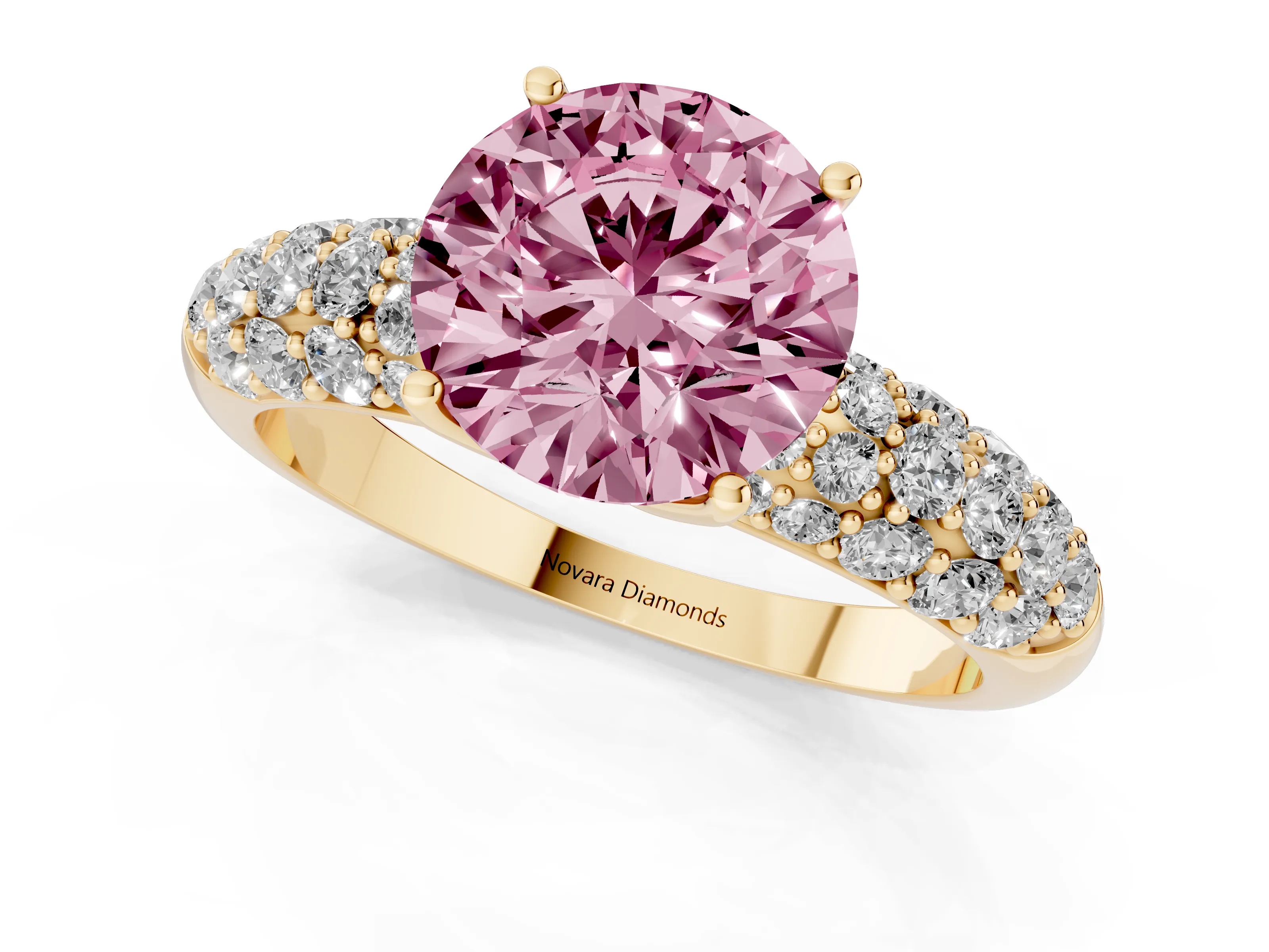 Fancy Pink Round Cut Diamond Pavé Band Solitaire Ring Set in Yellow gold with Close-Set Accent Stones and Prong Setting