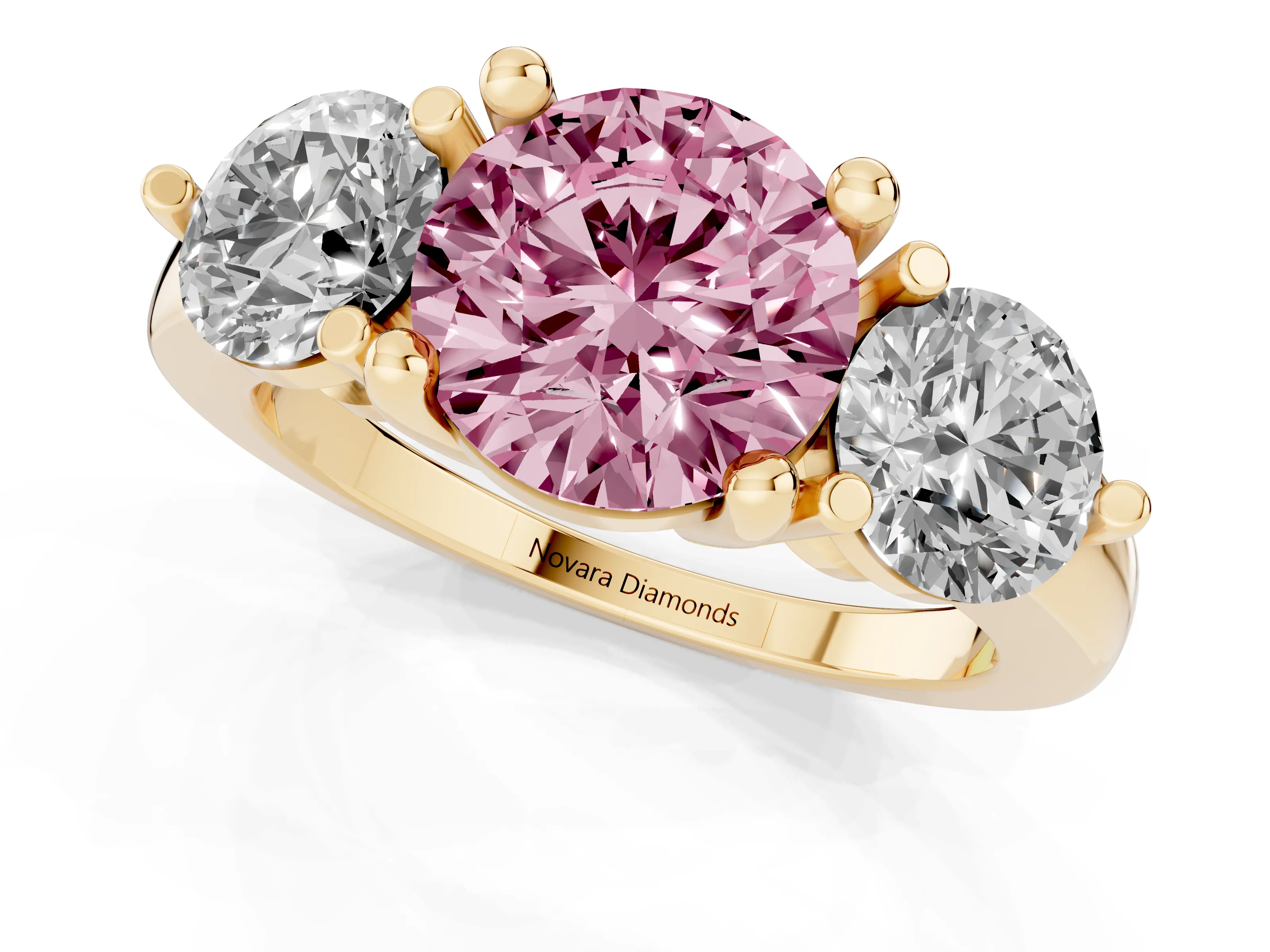 Fancy Pink Round Cut Diamond Three-Stone Ring Set in Yellow gold with Prong Setting and Classic Band