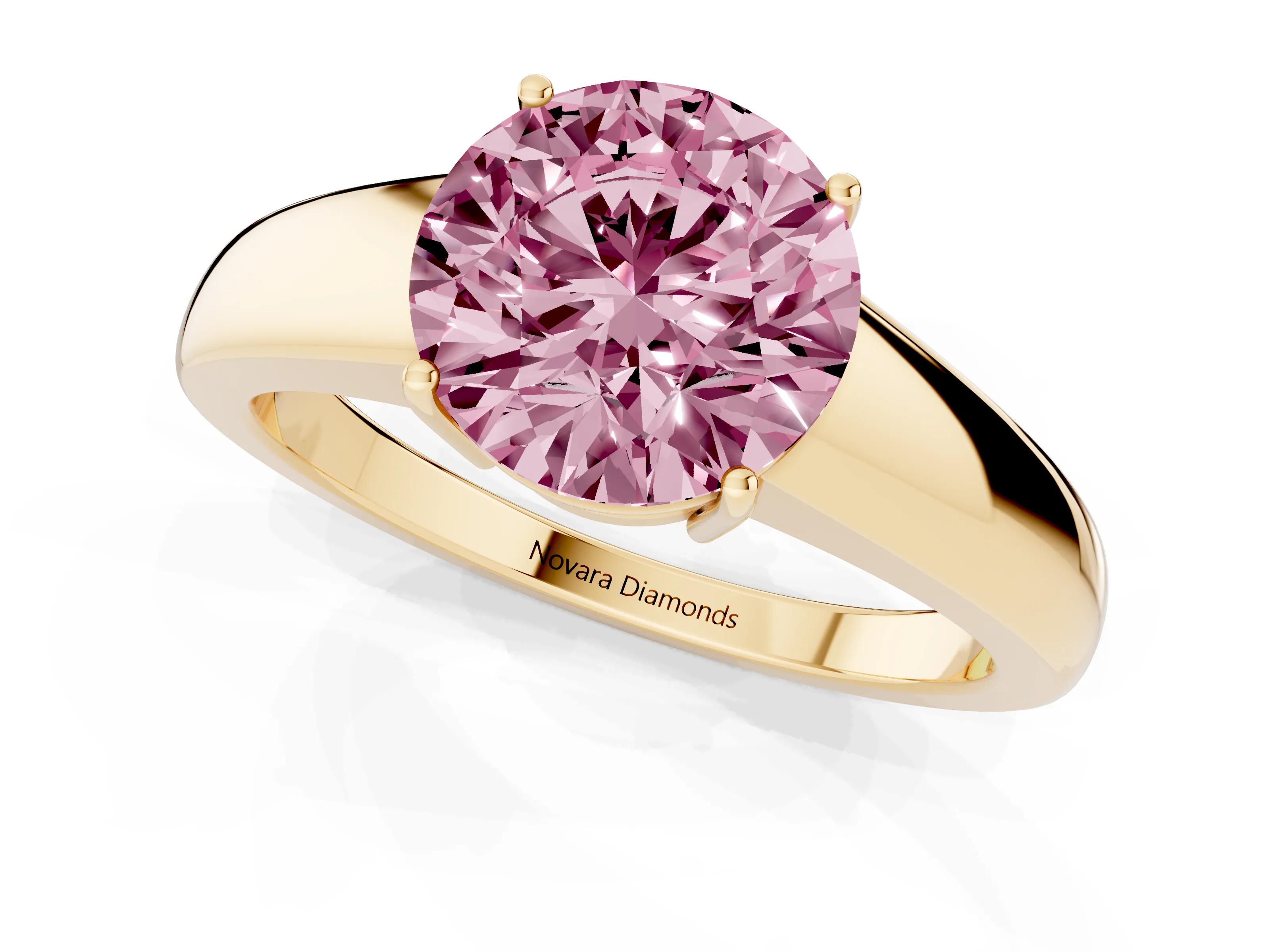 Fancy Pink Round Cut Diamond Solitaire Ring Set in Yellow gold with Tapered Band and Prong Setting