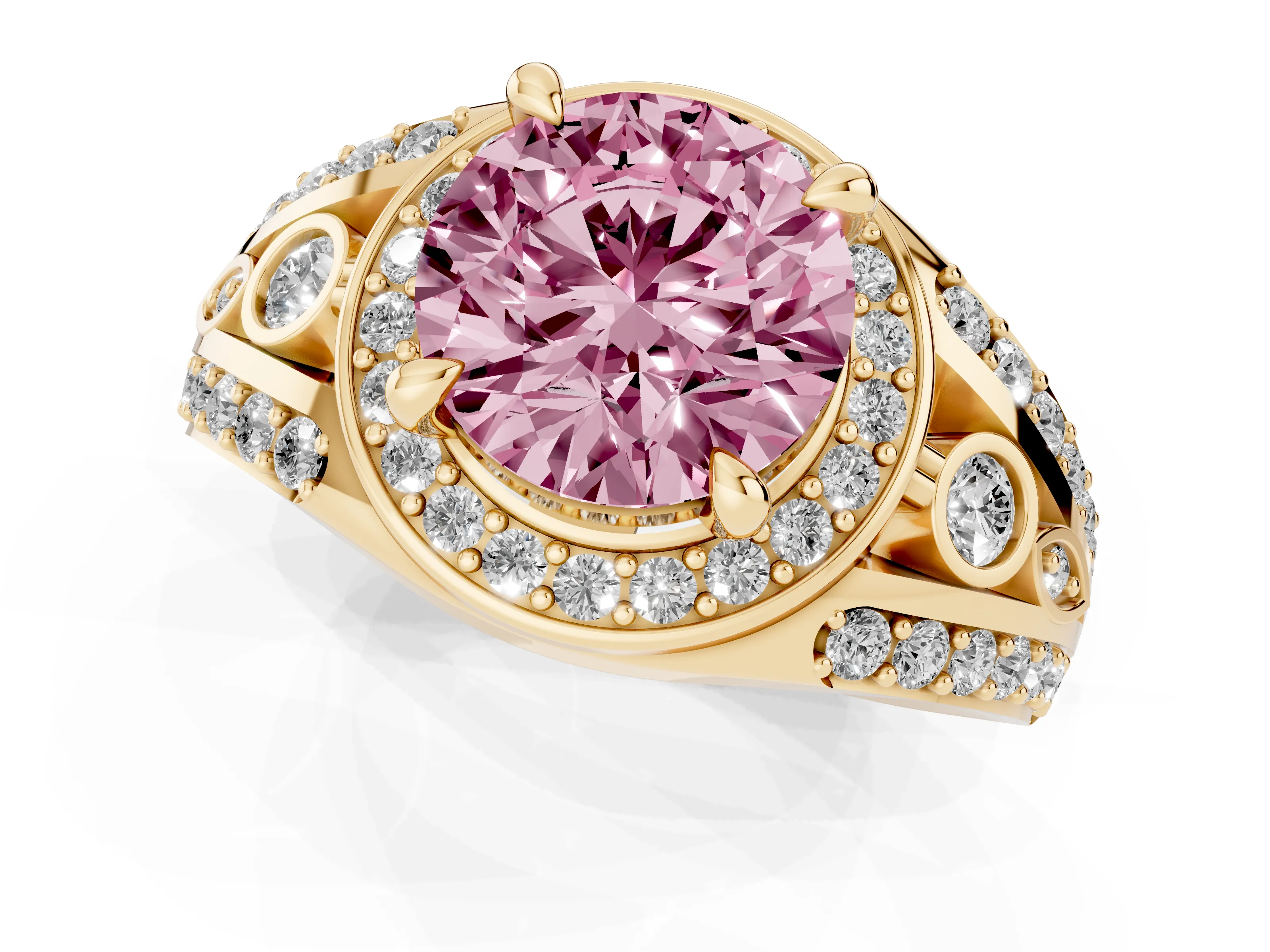 Fancy Pink Round Cut Diamond Halo Ring Set in Yellow gold with Pavé Split Shank and Bezel Accents