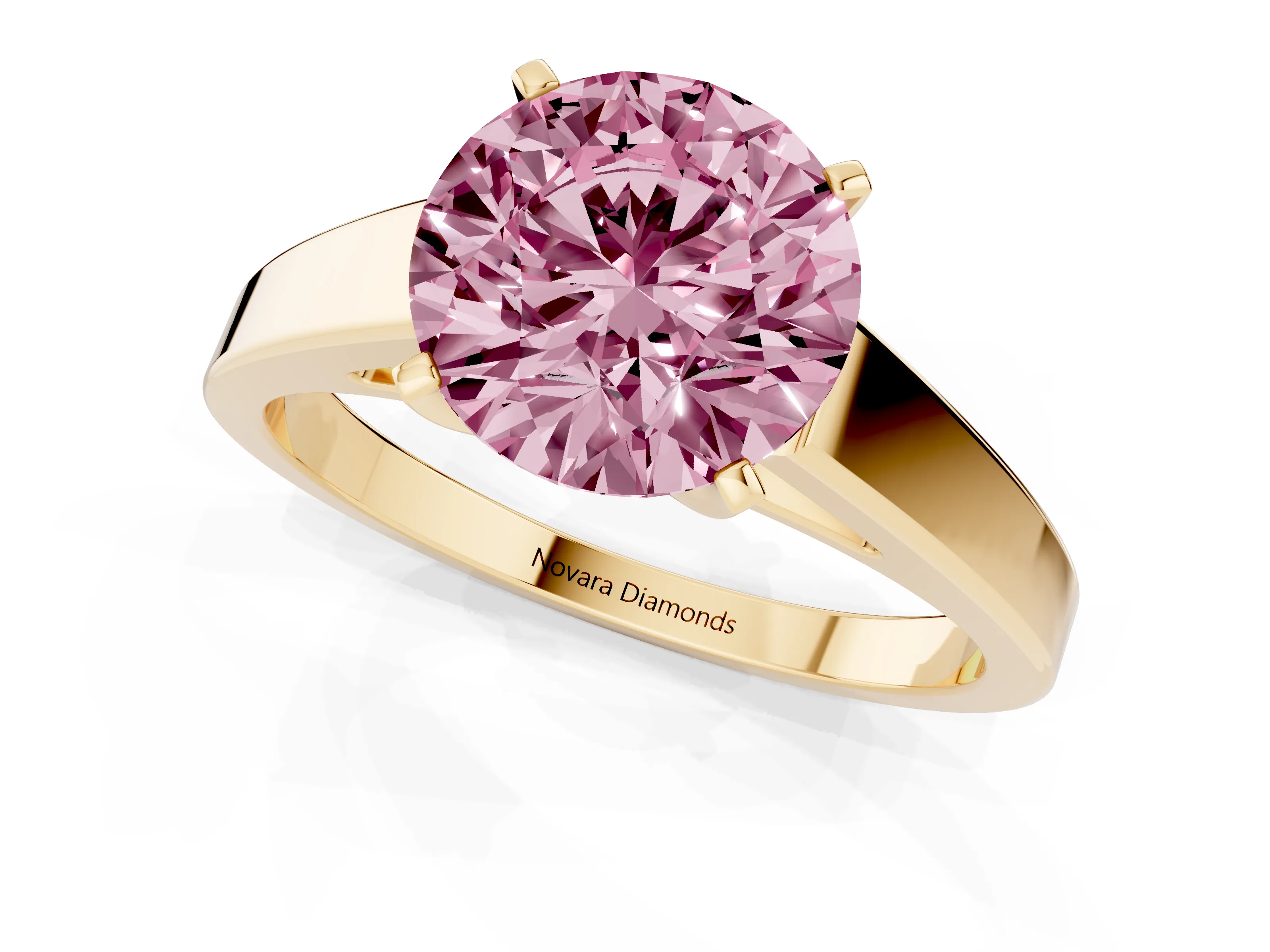 Fancy Pink Round Cut Diamond Solitaire Engagement Ring Set in Yellow gold with Prong Setting and Tapered Band
