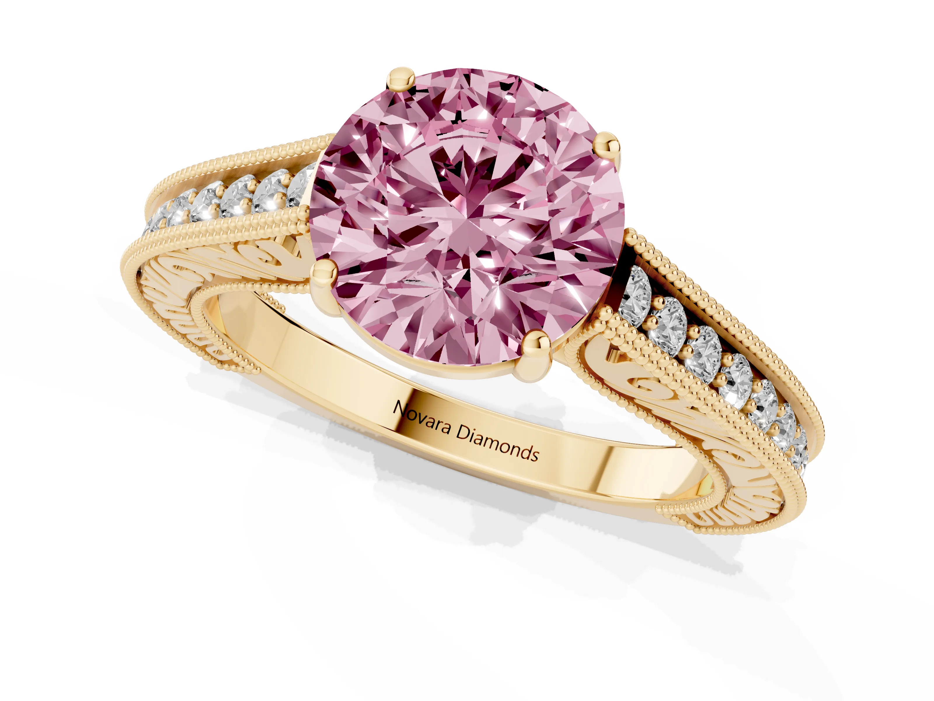 Fancy Pink Round Cut Diamond Milgrain Pavé Band Solitaire Ring Set in Yellow gold with Prong Setting