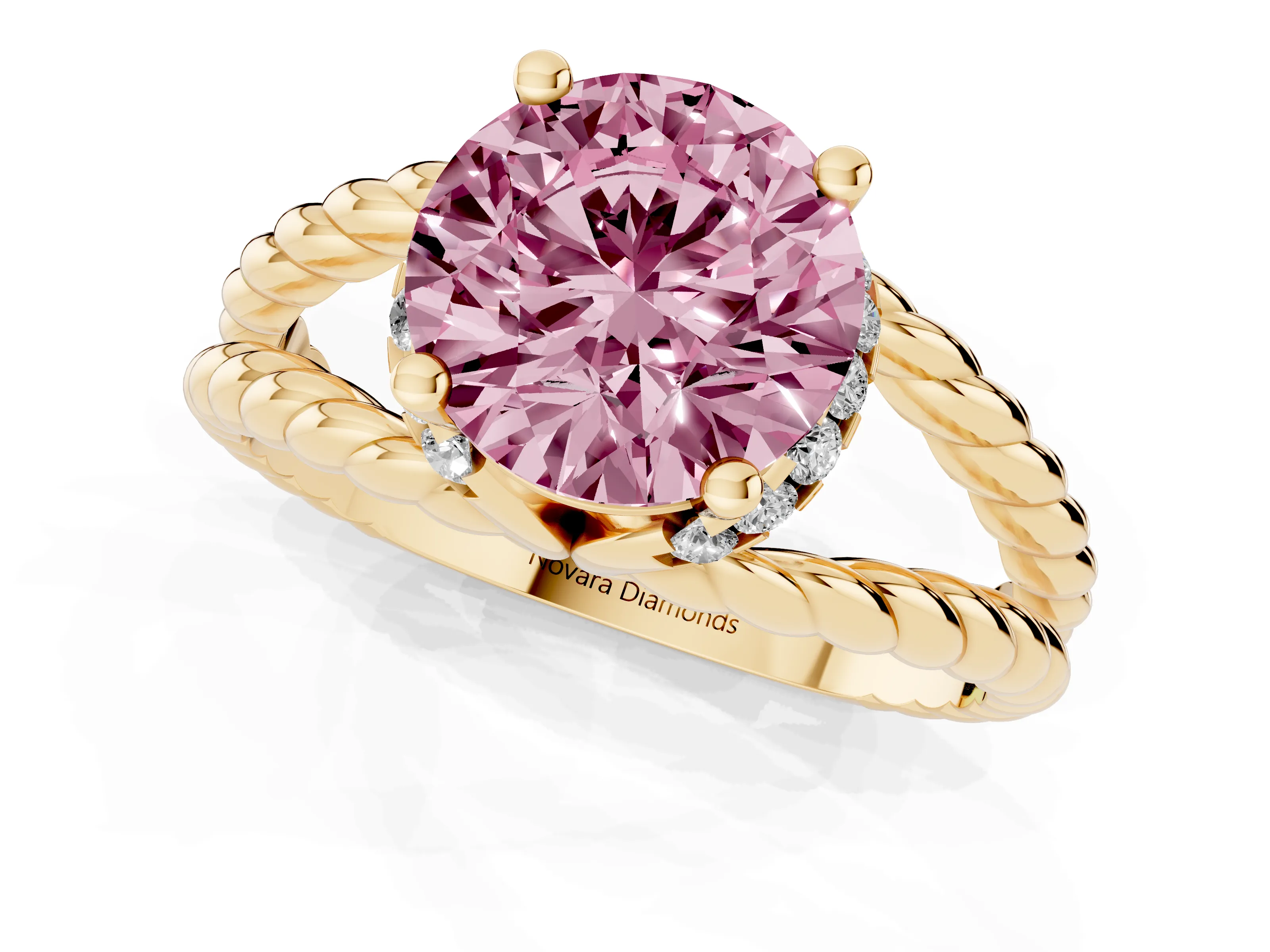 Fancy Pink Round Cut Diamond Halo Ring Set in Yellow gold with Twisted Band and Prong Setting