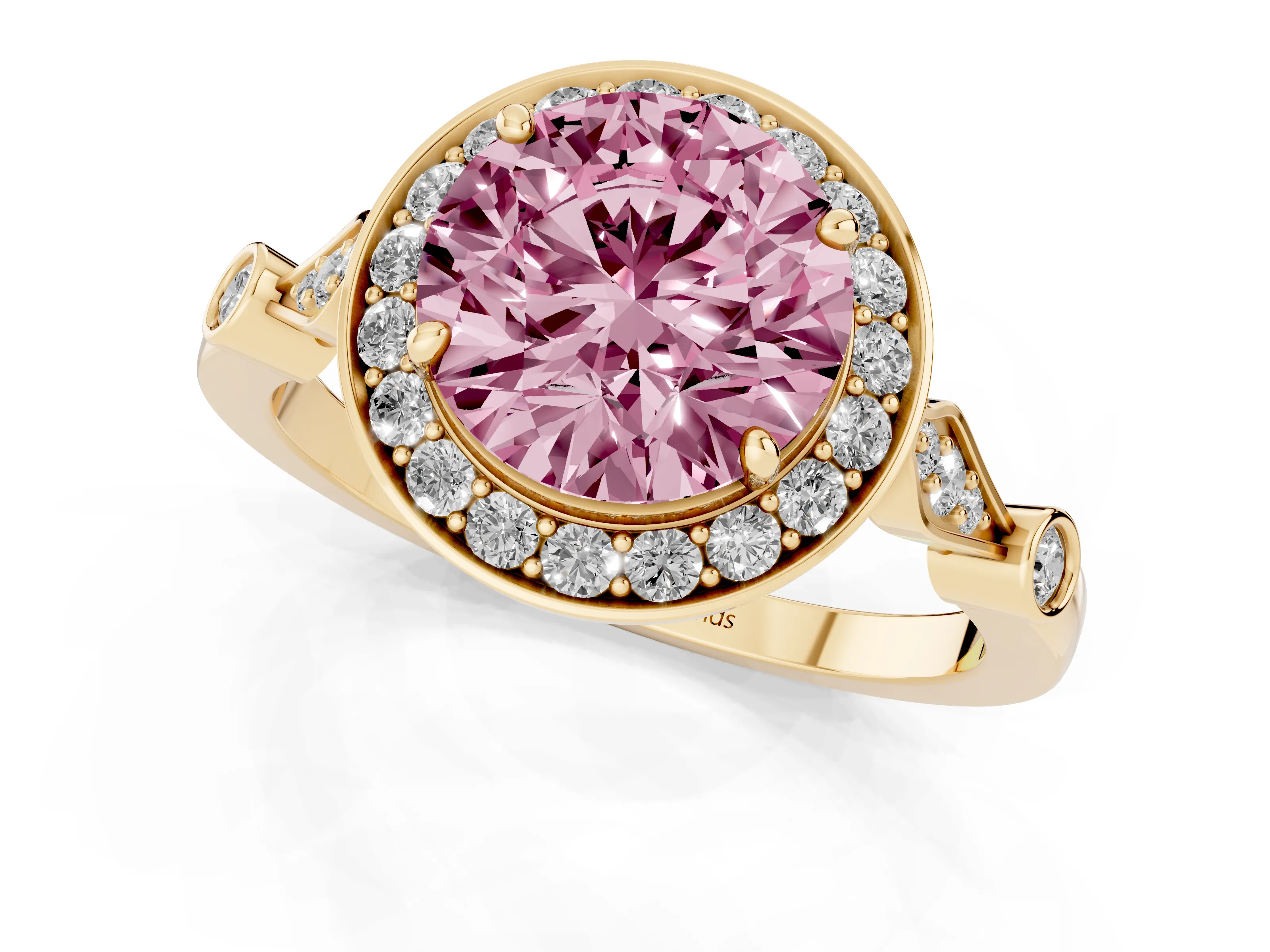 Fancy Pink Round Cut Diamond Halo Engagement Ring Set in Yellow gold with Twisted Band and Prong Setting