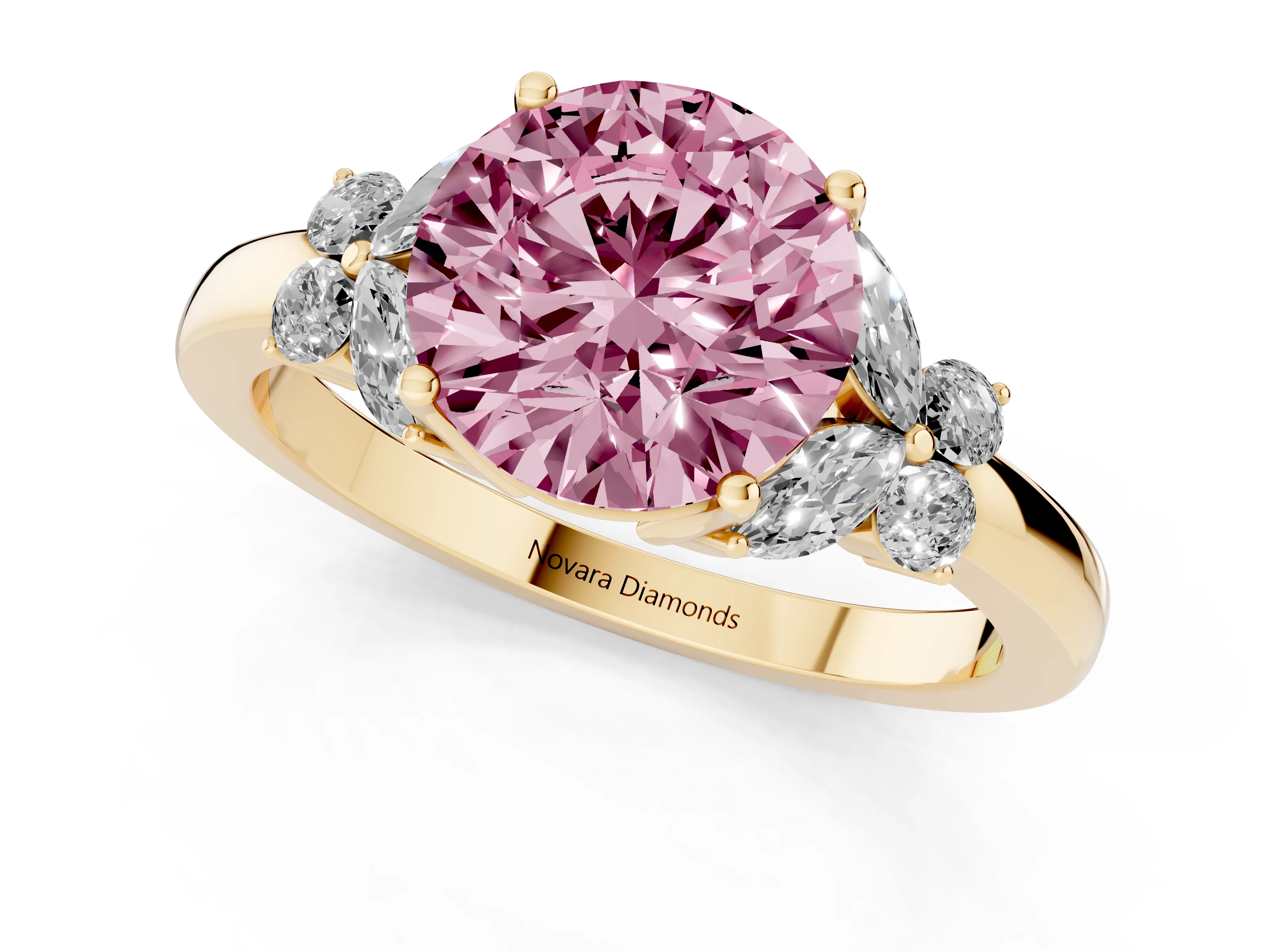Fancy Pink Round Cut Diamond Solitaire Floral Ring Set in Yellow gold with Marquise Petals and Prong Setting