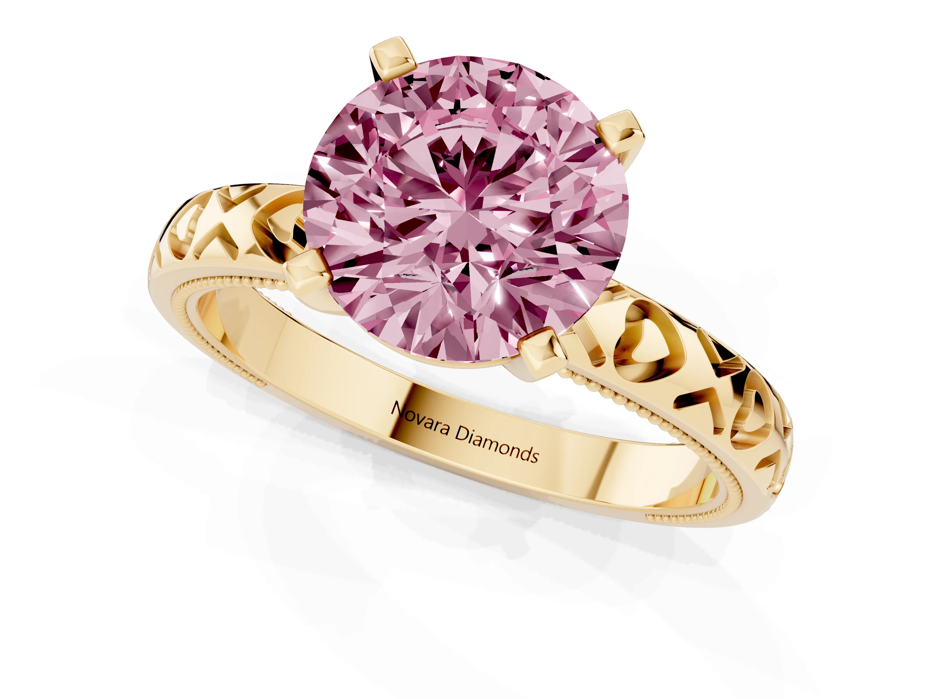 Fancy Pink Round Cut Diamond Solitaire Engagement Ring Set in Yellow gold with XO Engraved Band and Prong Setting