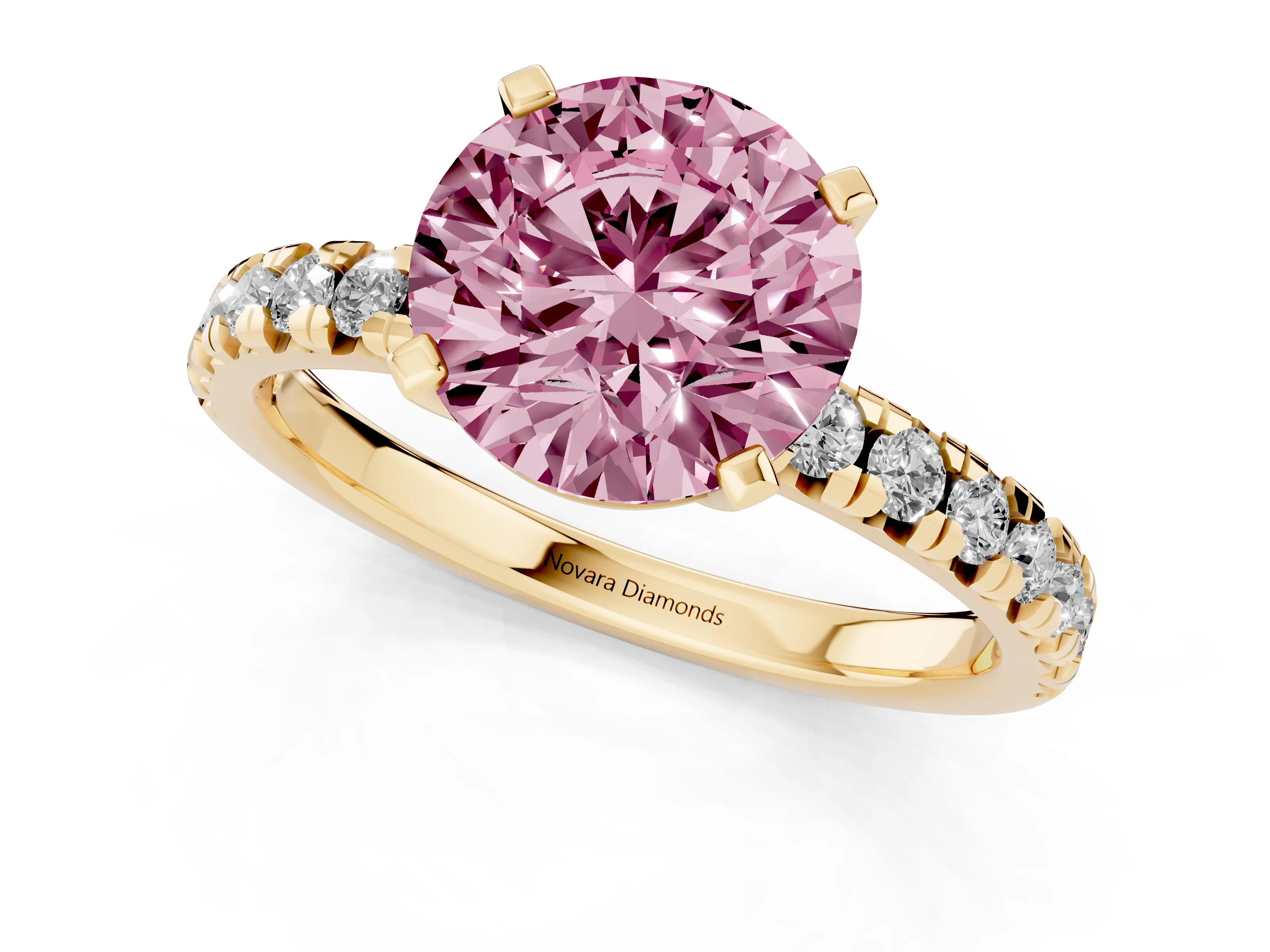 Fancy Pink Round Cut Diamond Solitaire Pavé Engagement Ring Set in Yellow gold with Round Band and Prong Setting