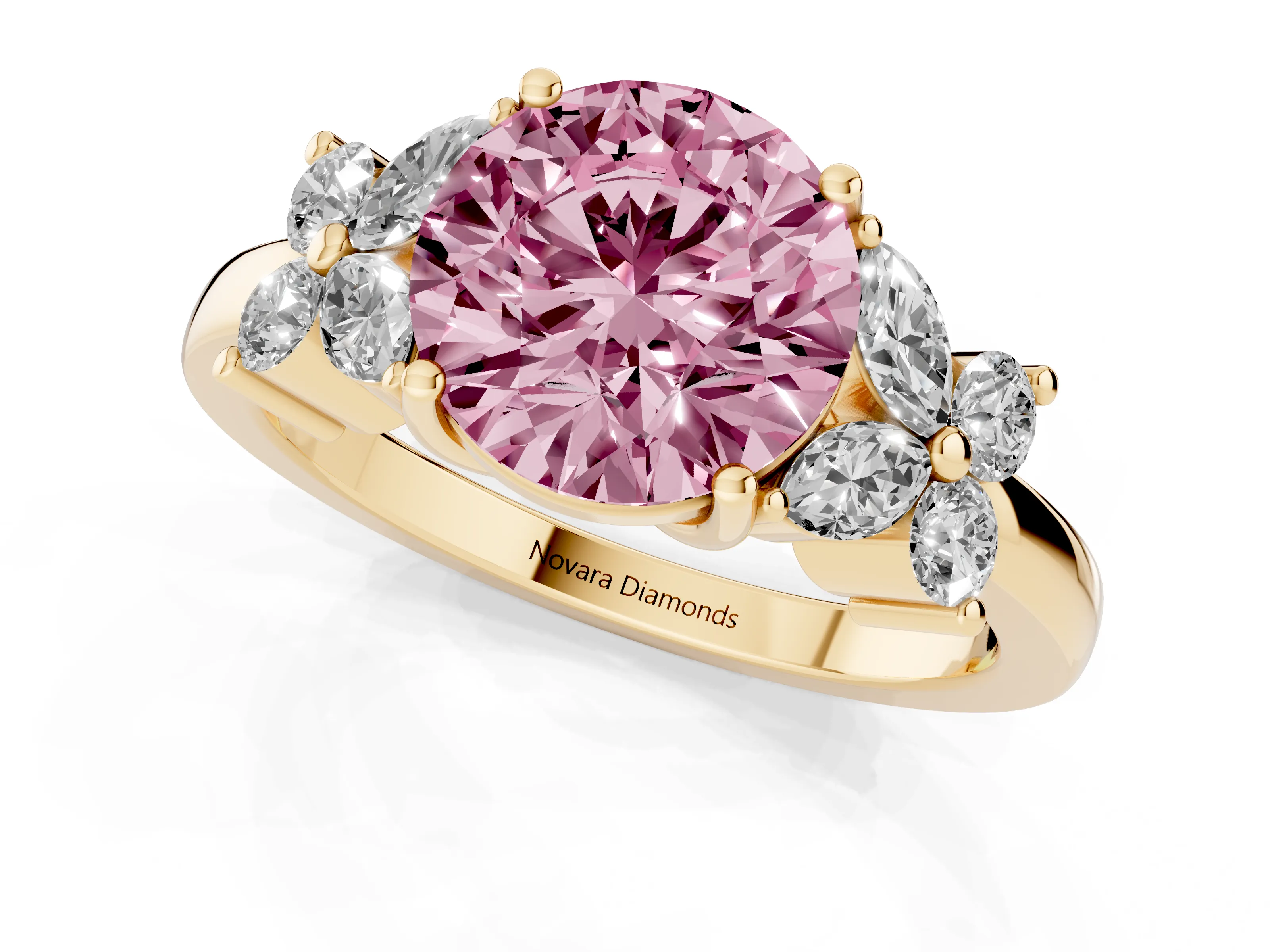 Fancy Pink Round Cut Diamond Floral Cluster Ring Set in Yellow gold with Marquise Petals and Prong Setting