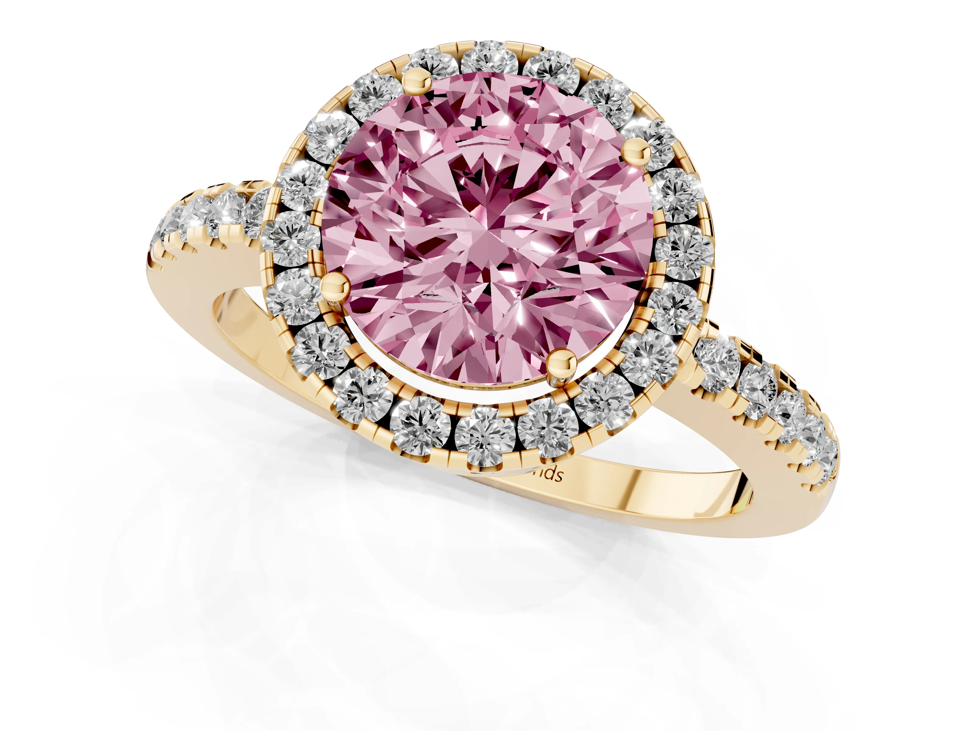 Fancy Pink Round Cut Diamond Pavé Band Halo Engagement Ring Set in Yellow gold with Prong Setting