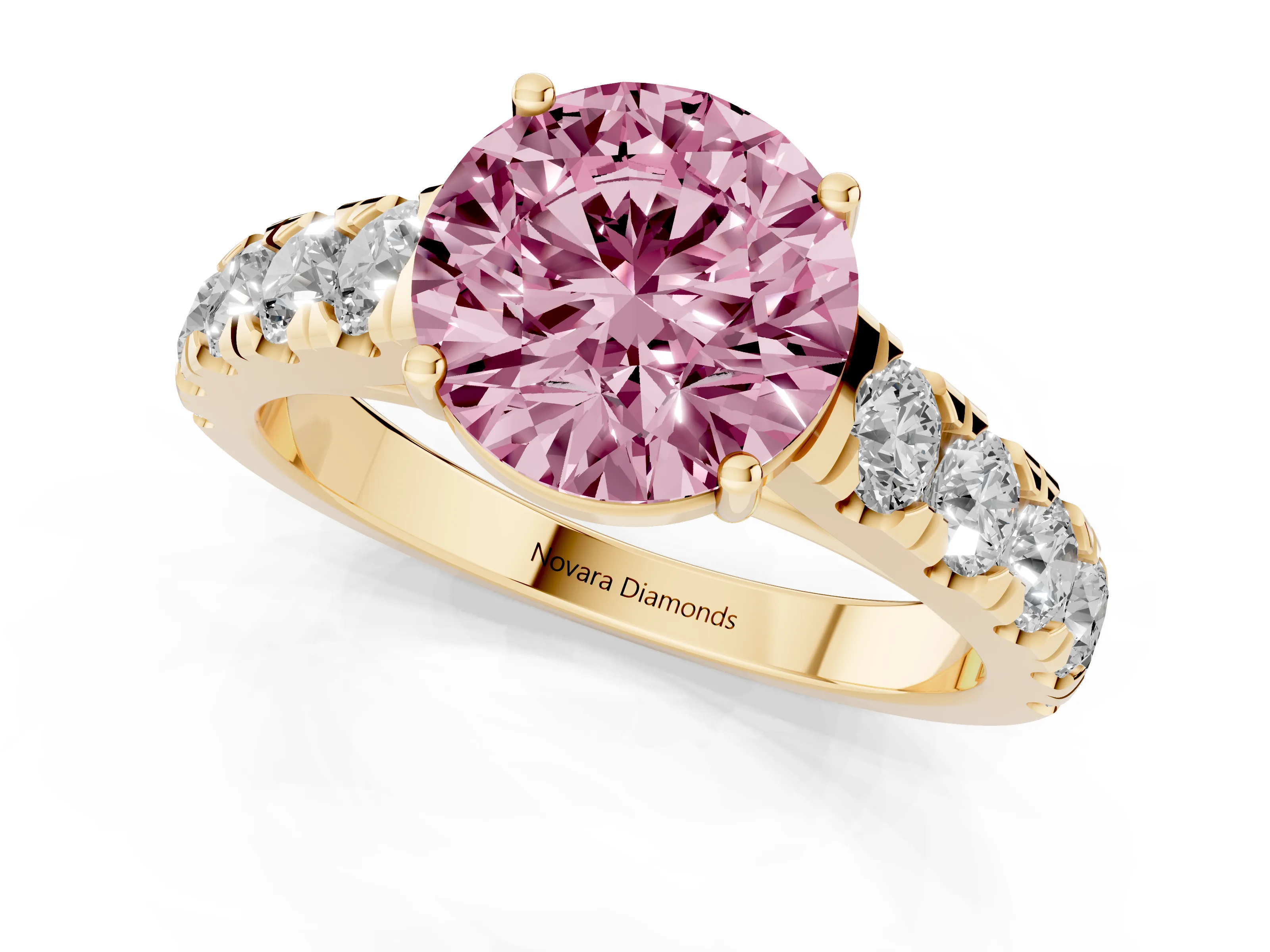 Fancy Pink Round Cut Diamond Solitaire Ring Set in Yellow gold with Cut-Down Micro Pavé Band and Prong Setting