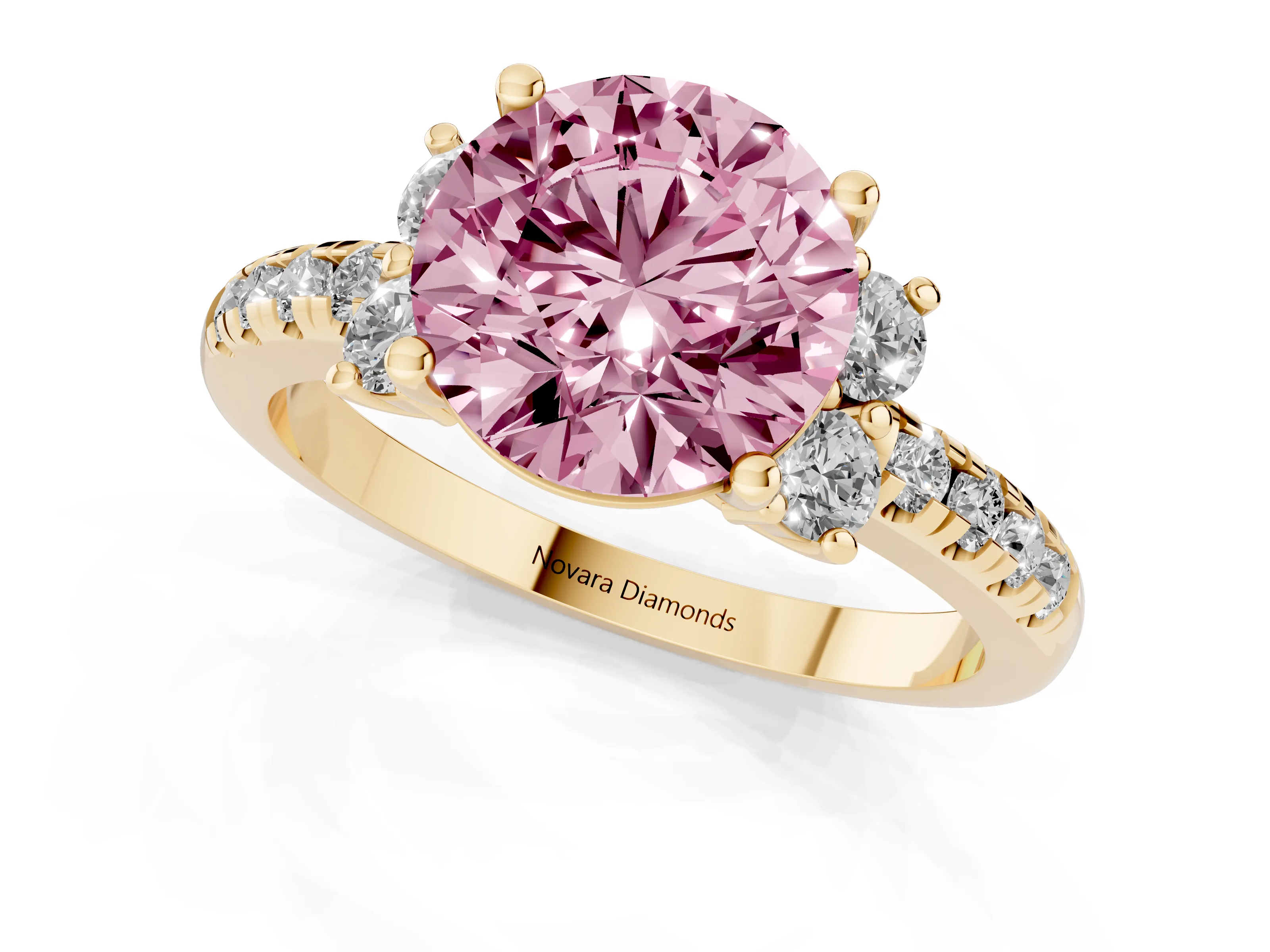 Fancy Pink Round Cut Diamond Three-Stone Pavé Ring Set in Yellow gold with Prong Setting