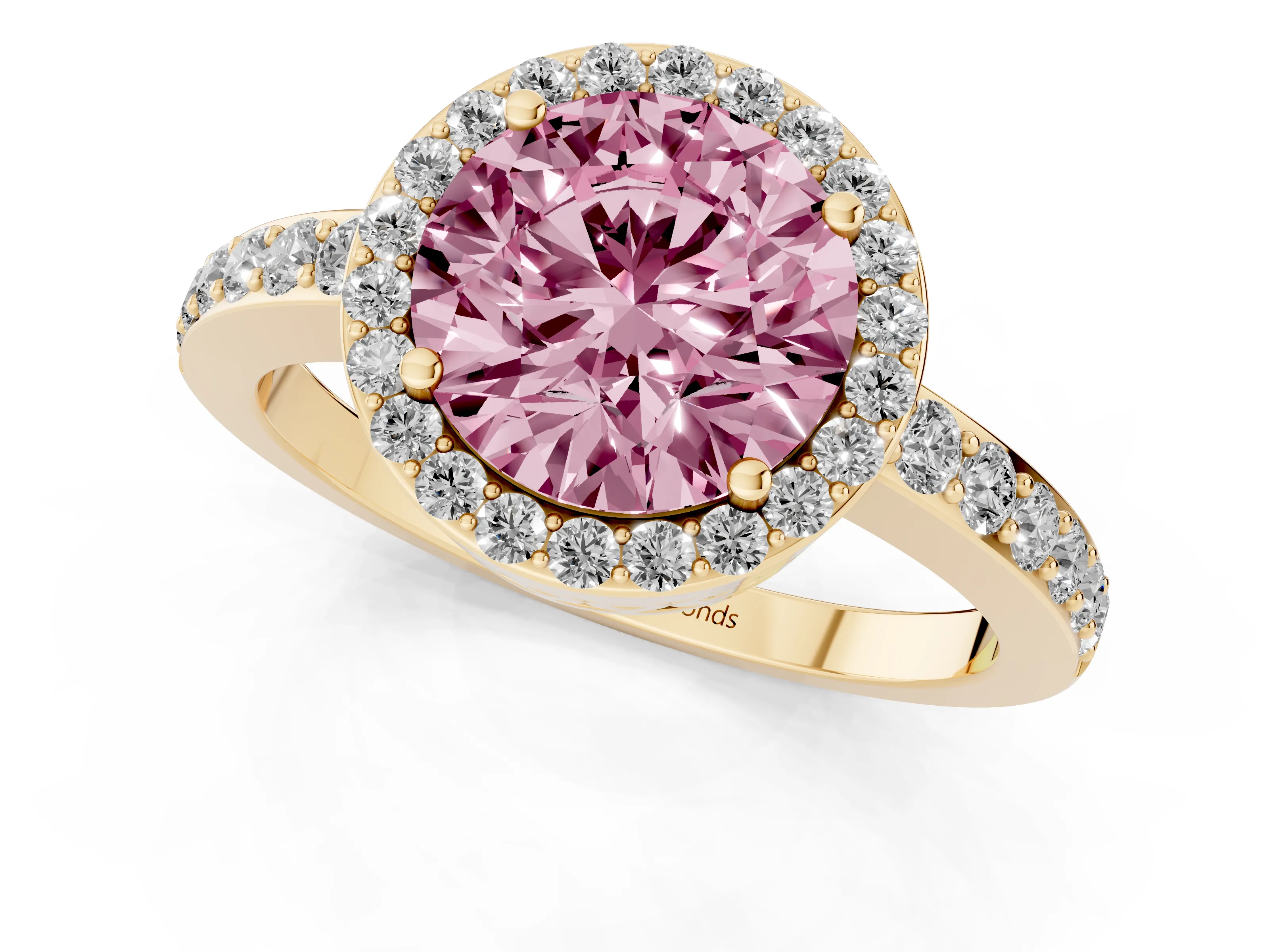 Fancy Pink Round Cut Diamond Halo Ring Set in Yellow gold with Pavé-Setting Band and Open Prong Center