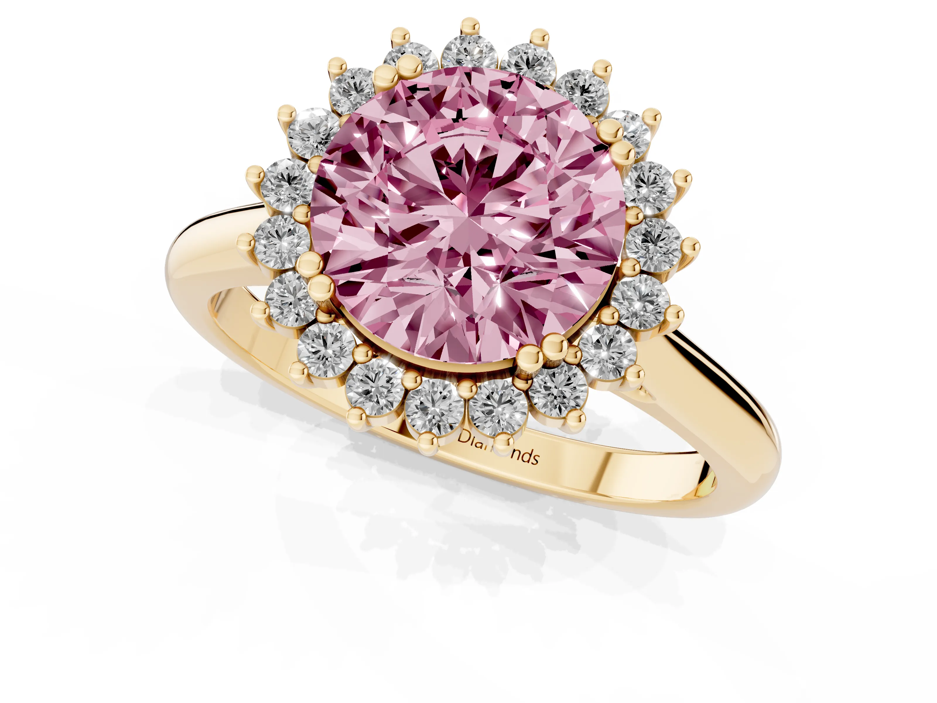 Fancy Pink Round Cut Diamond Halo Ring Set in Yellow gold with Plain Solitaire Band and Prong Setting