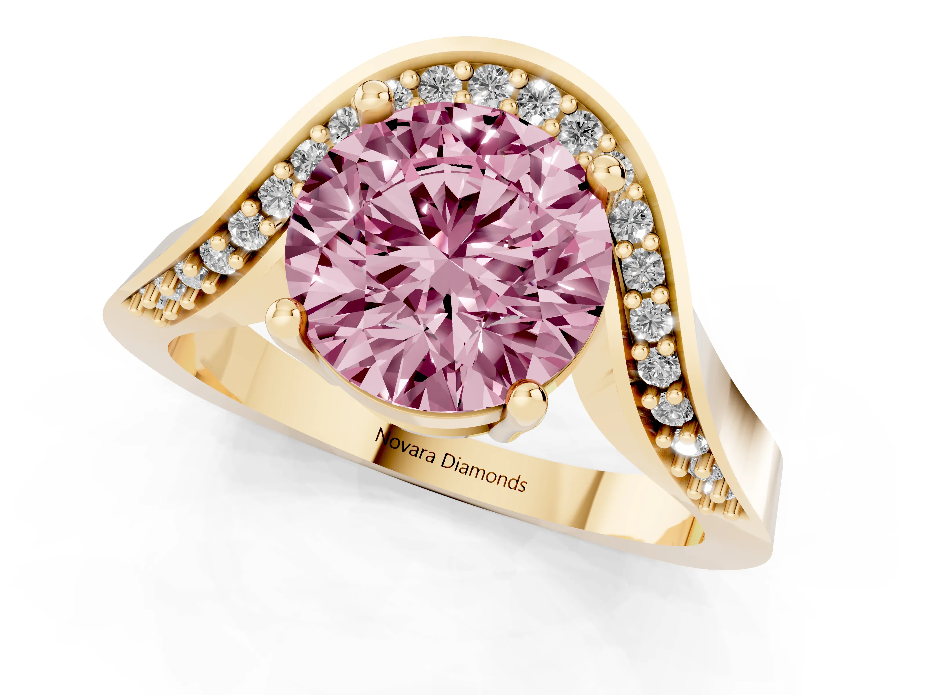 Fancy Pink Round Cut Diamond Solitaire Engagement Ring Set in Yellow gold with Pavé Shoulders