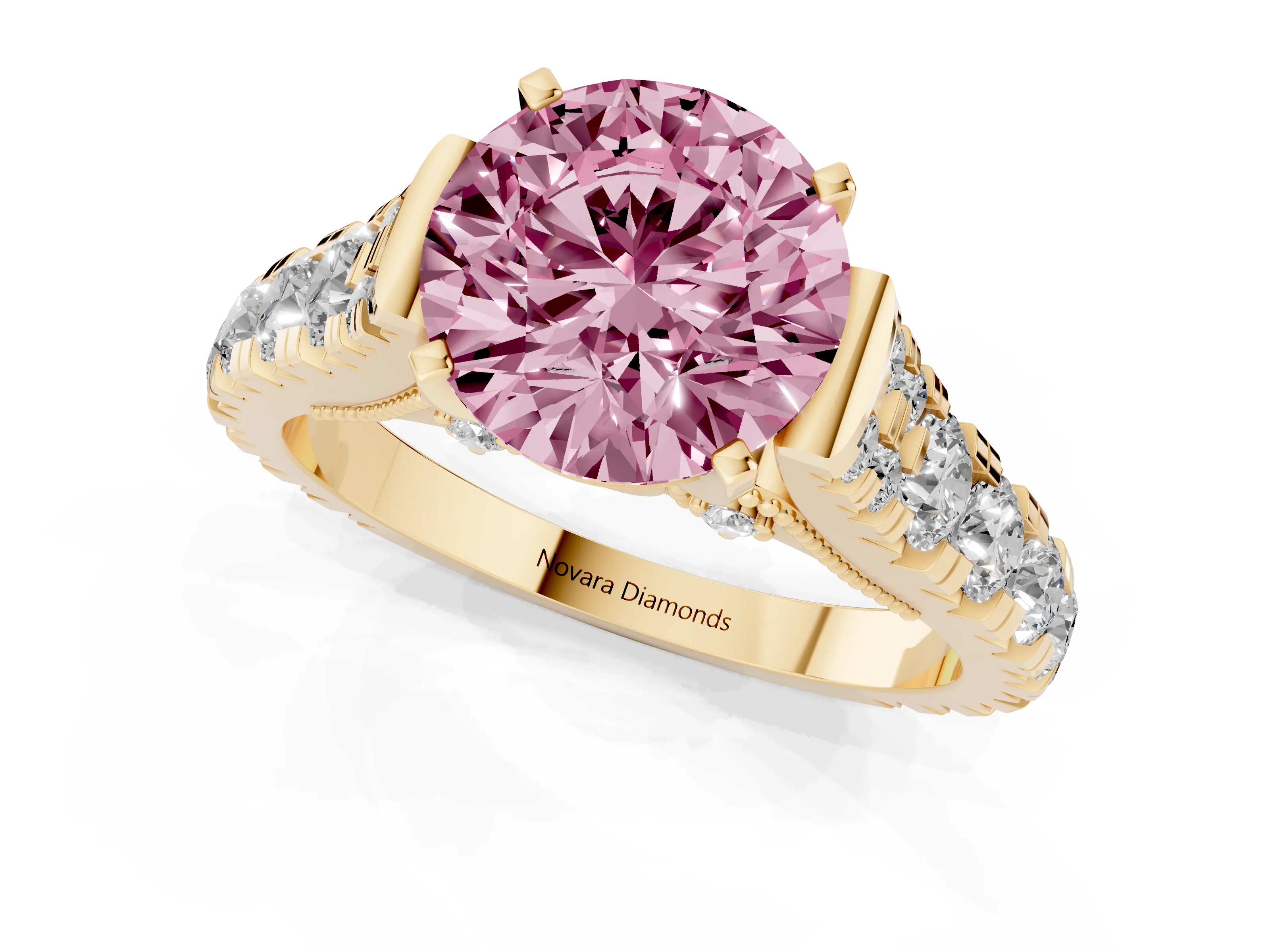 Fancy Pink Round Cut Diamond Classic Solitaire Ring Set in Yellow gold with Pavé Band and Prong Setting
